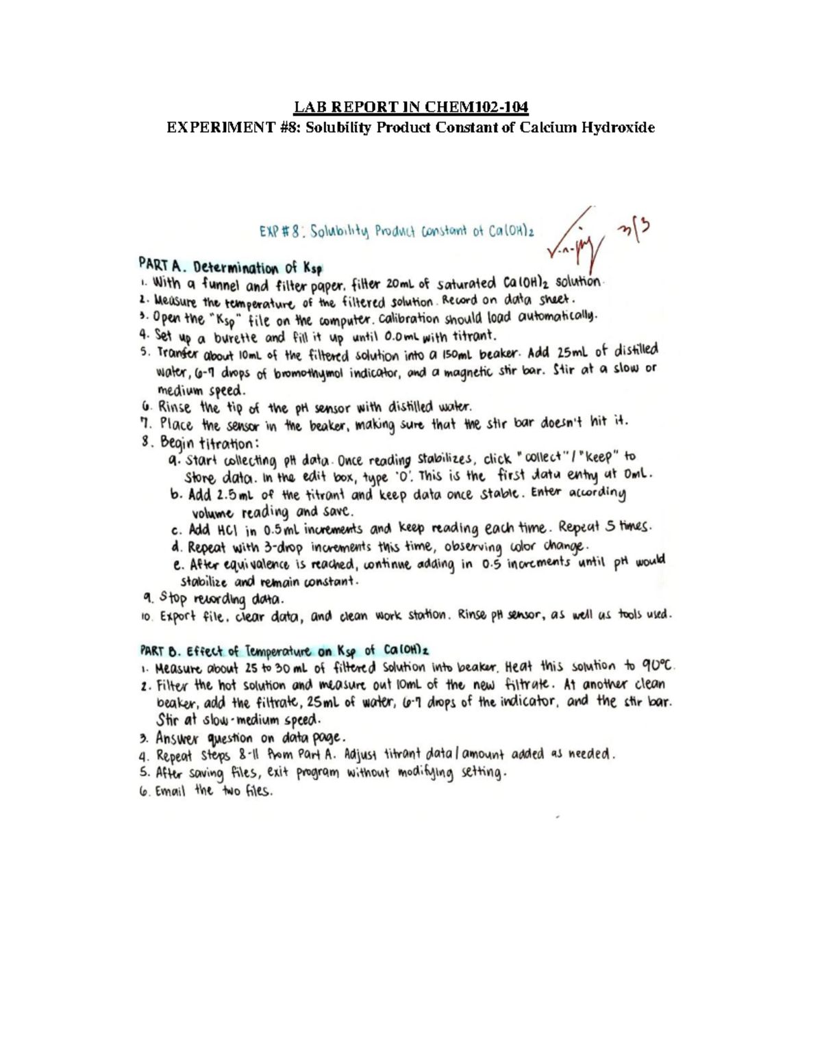 CHEM102 Lab8 Solubility Product Constant LAB REPORT IN CHEM102