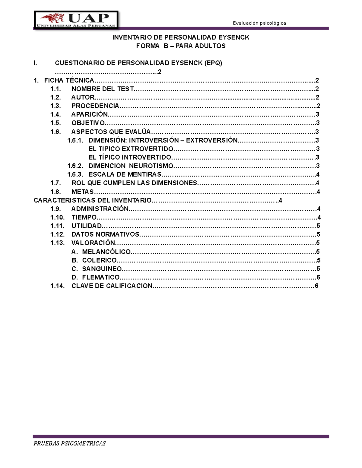 Inventario DE Personalidad Eysenck Forma B Plana De Correccion ...