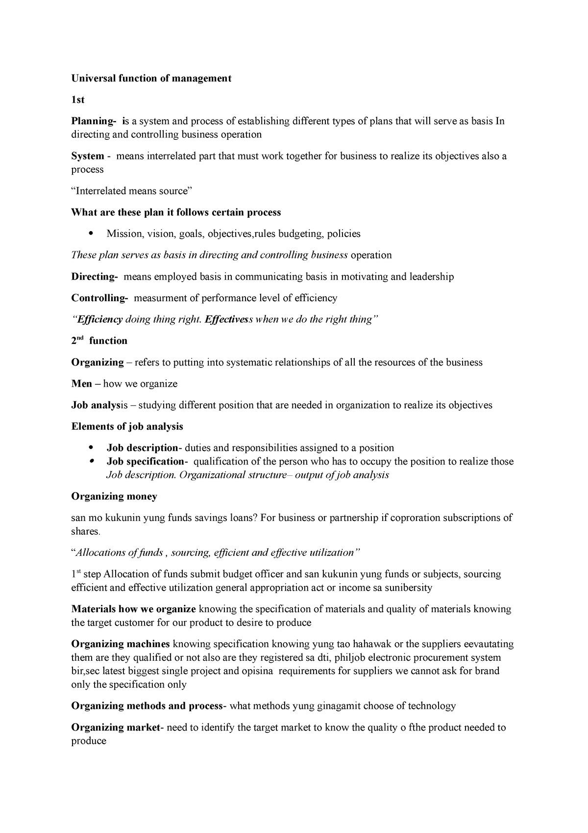 Technooo - notes - Universal function of management 1st Planning- is a ...