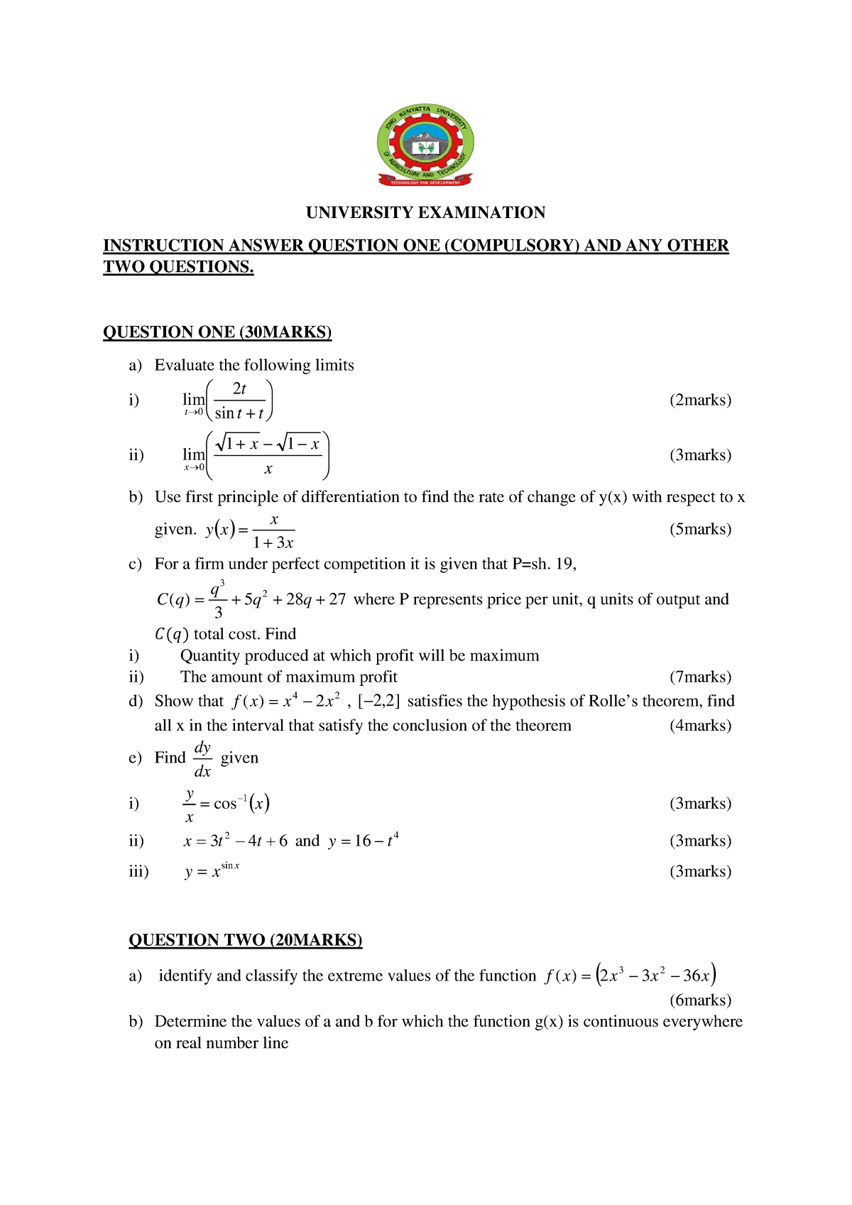 Calculus I Revison Paper 2 - UNIVERSITY EXAMINATION INSTRUCTION ANSWER ...