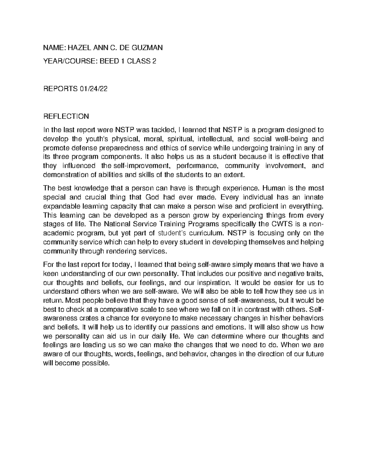 Reflection 1 NSTP - Grade: A - NAME: HAZEL ANN C. DE GUZMAN YEAR/COURSE ...