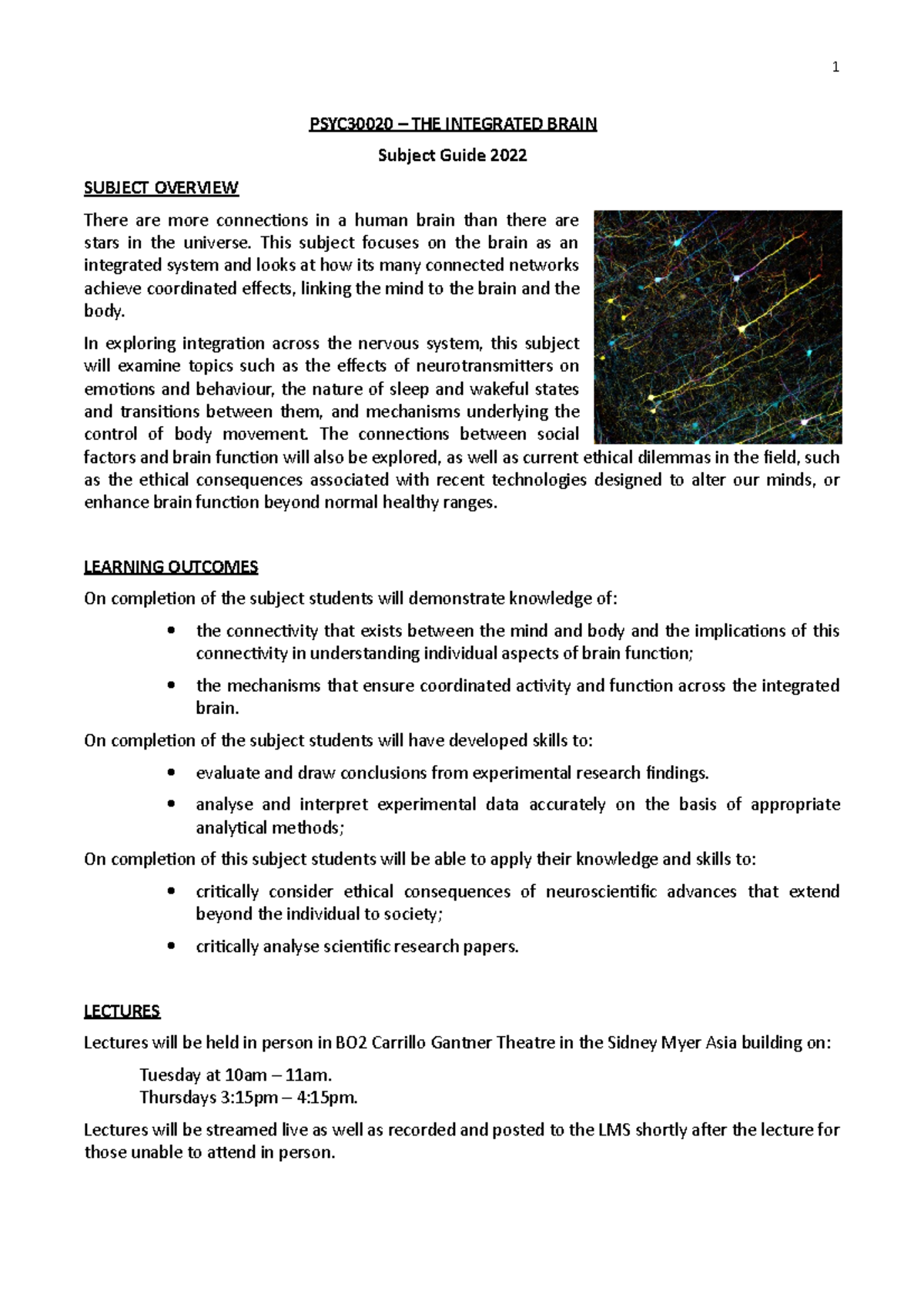 2022 Integrated Brain Course Info - PSYC30020 – THE INTEGRATED BRAIN ...