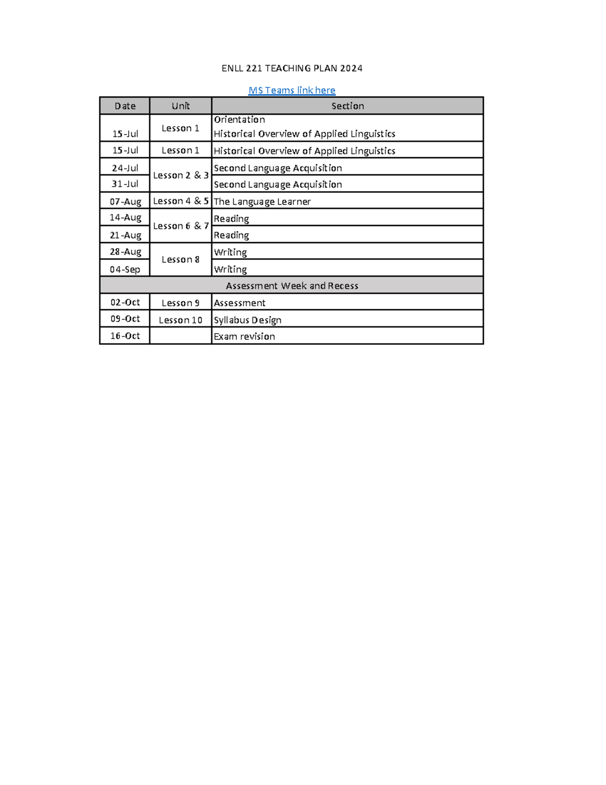 ENLL 221 2024 Teaching plan VC - Date Unit Section 15-Jul Lesson 1 ...