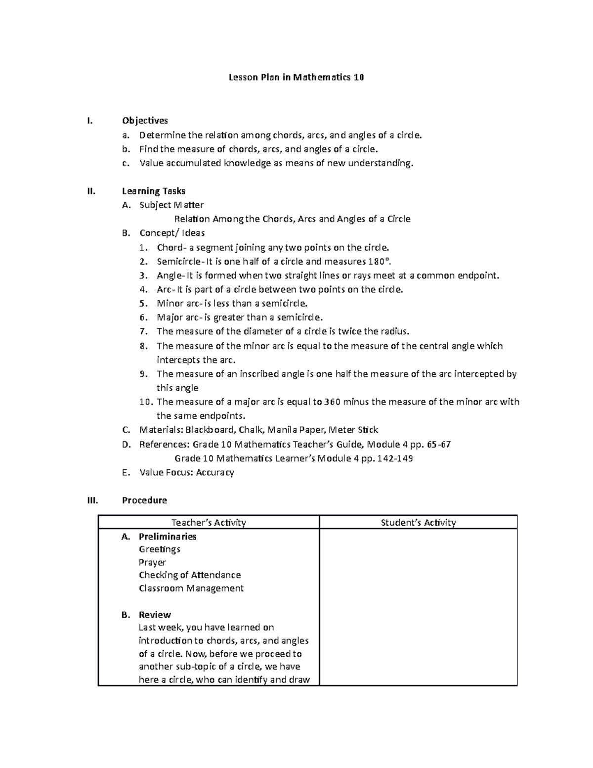 Lesson Plan in Mathematics 10 - Objectives a. Determine the relation ...