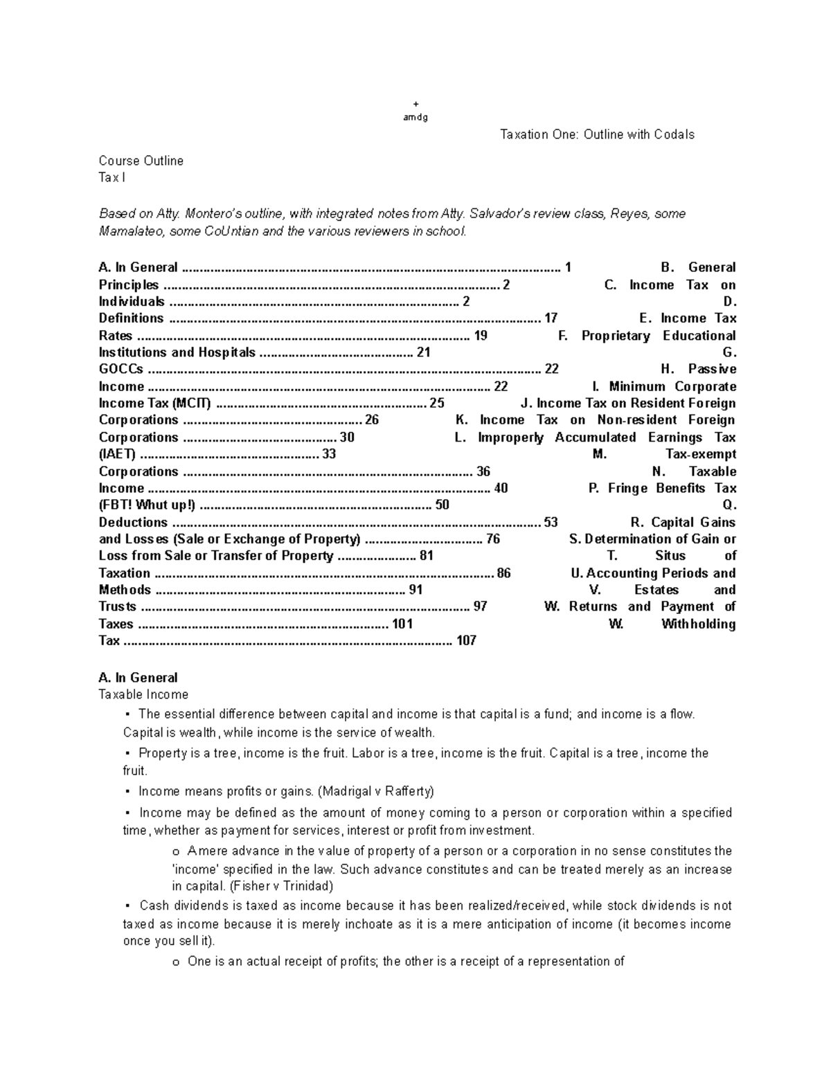 Income Taxation Notes- Complete - + amdg Taxation One: Outline with ...