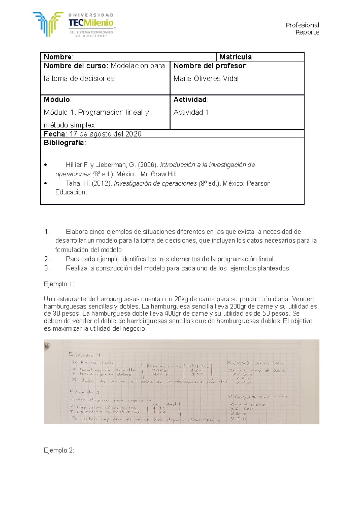 ACT1 Modelacion - Actividad 1 - Profesional Reporte Nombre : Matrícula ...