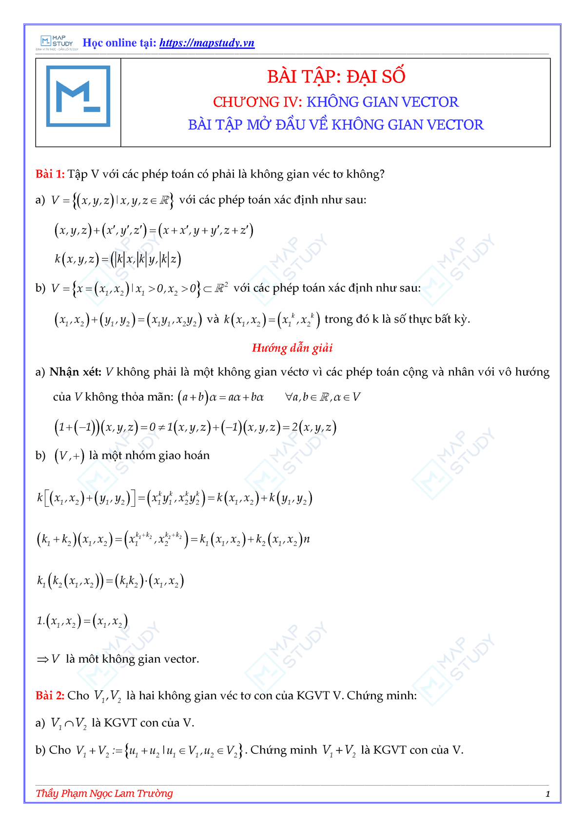 0403 - Bài tập Mở đầu về không gian vector[Lời giải + Đáp án] - BÀI TẬP ...