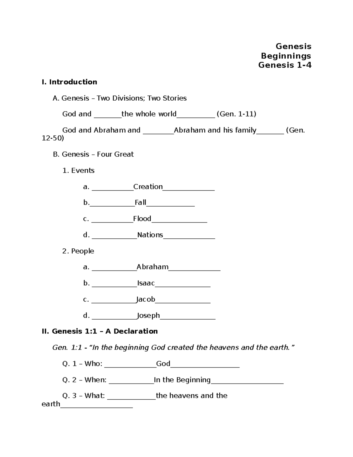 Genesis 1 4 Sp Lecture Notes Genesis Beginnings Genesis 1 I 