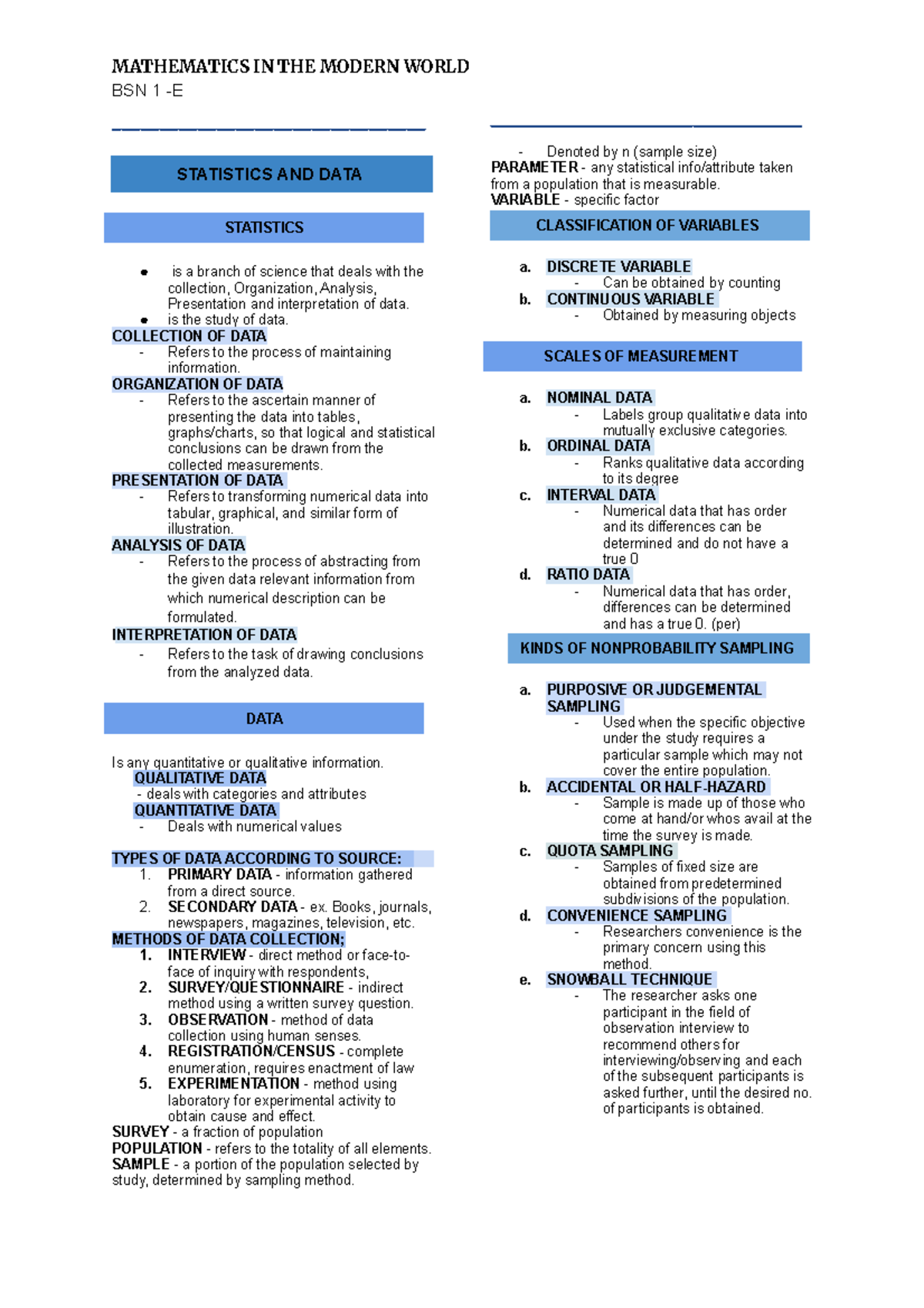 MMW - Notes - MATHEMATICS IN THE MODERN WORLD BSN 1 -E ...