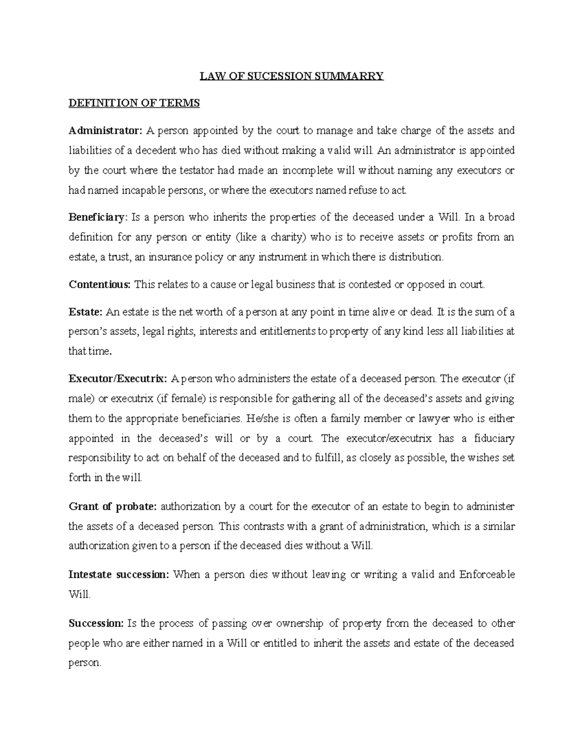 LAW OF Sucession Summarry - LAW OF SUCESSION SUMMARRY DEFINITION OF ...