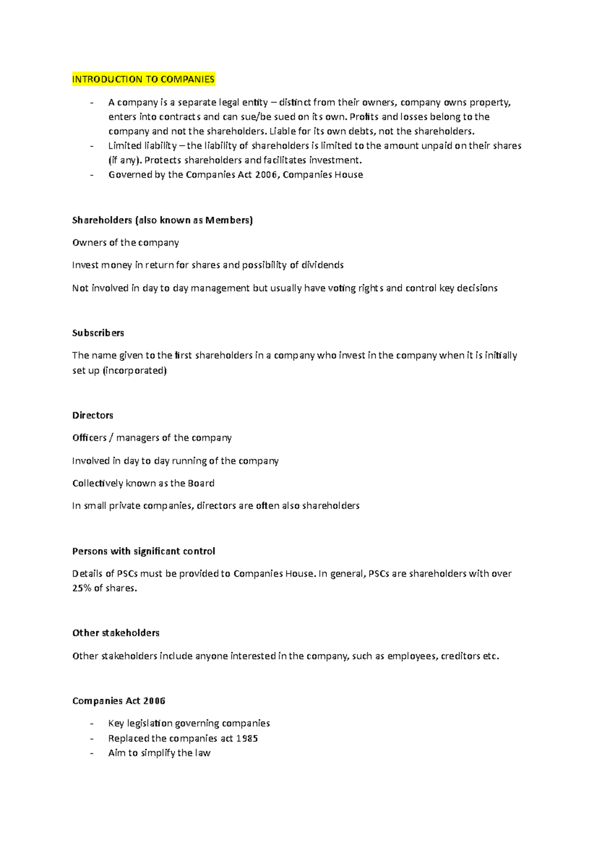Introduction to companies - INTRODUCTION TO COMPANIES A company is a ...