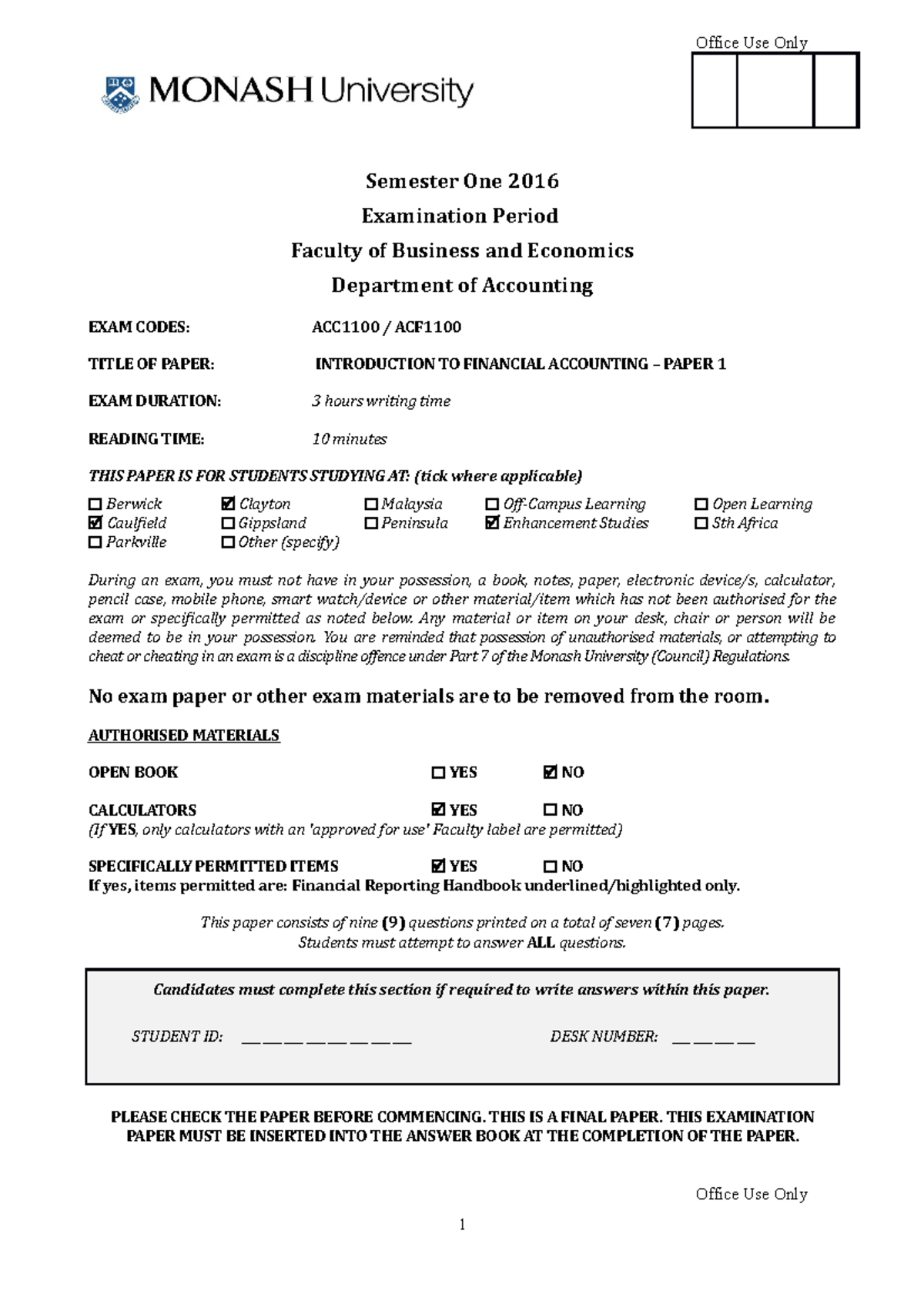 Exam 2016, Answers - Office Use Only Semester One 2016 Examination ...
