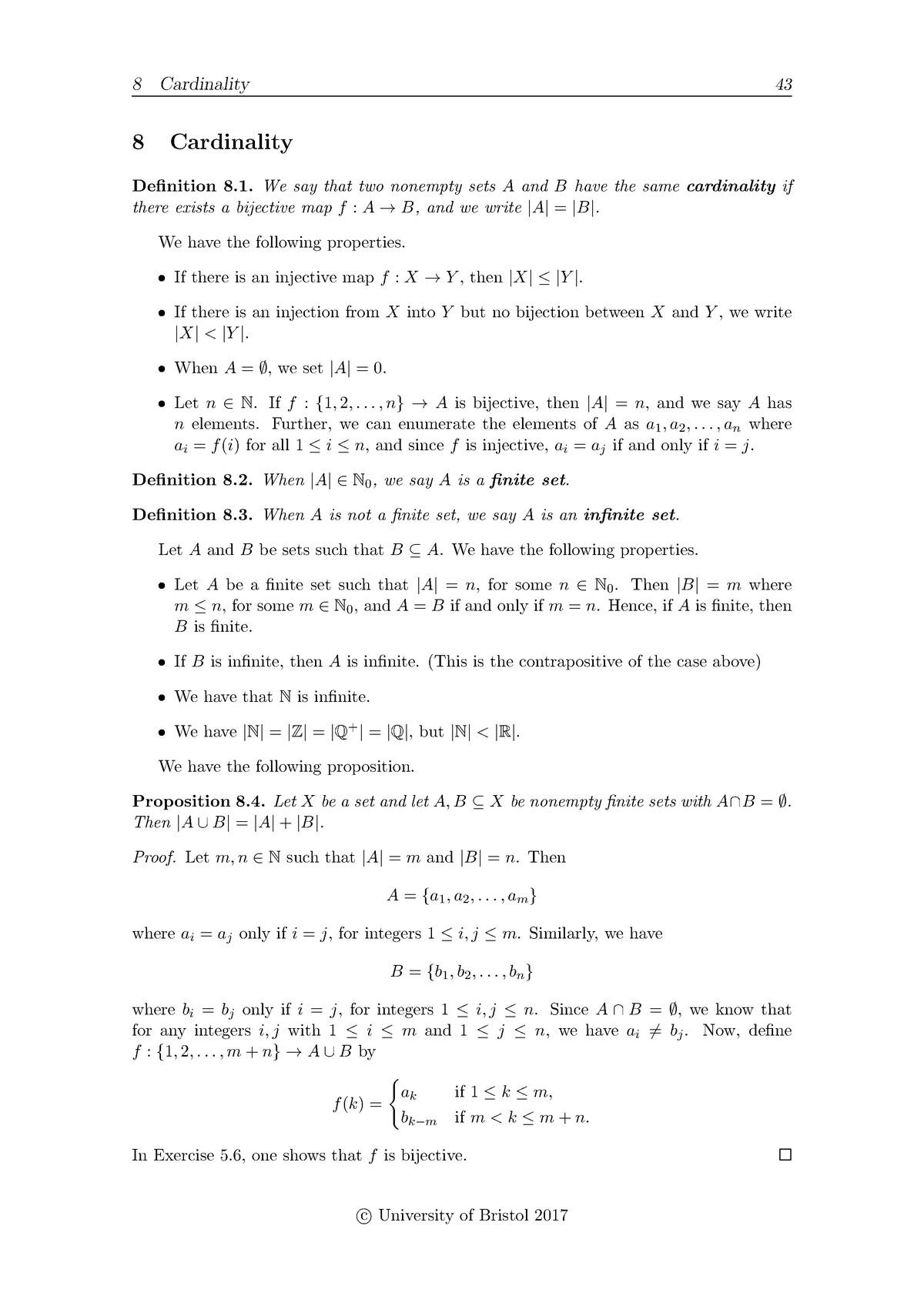 MATH10004 2017-2018 Lecture Notes 8 Cardinality - 8 Cardinality 8 43 ...