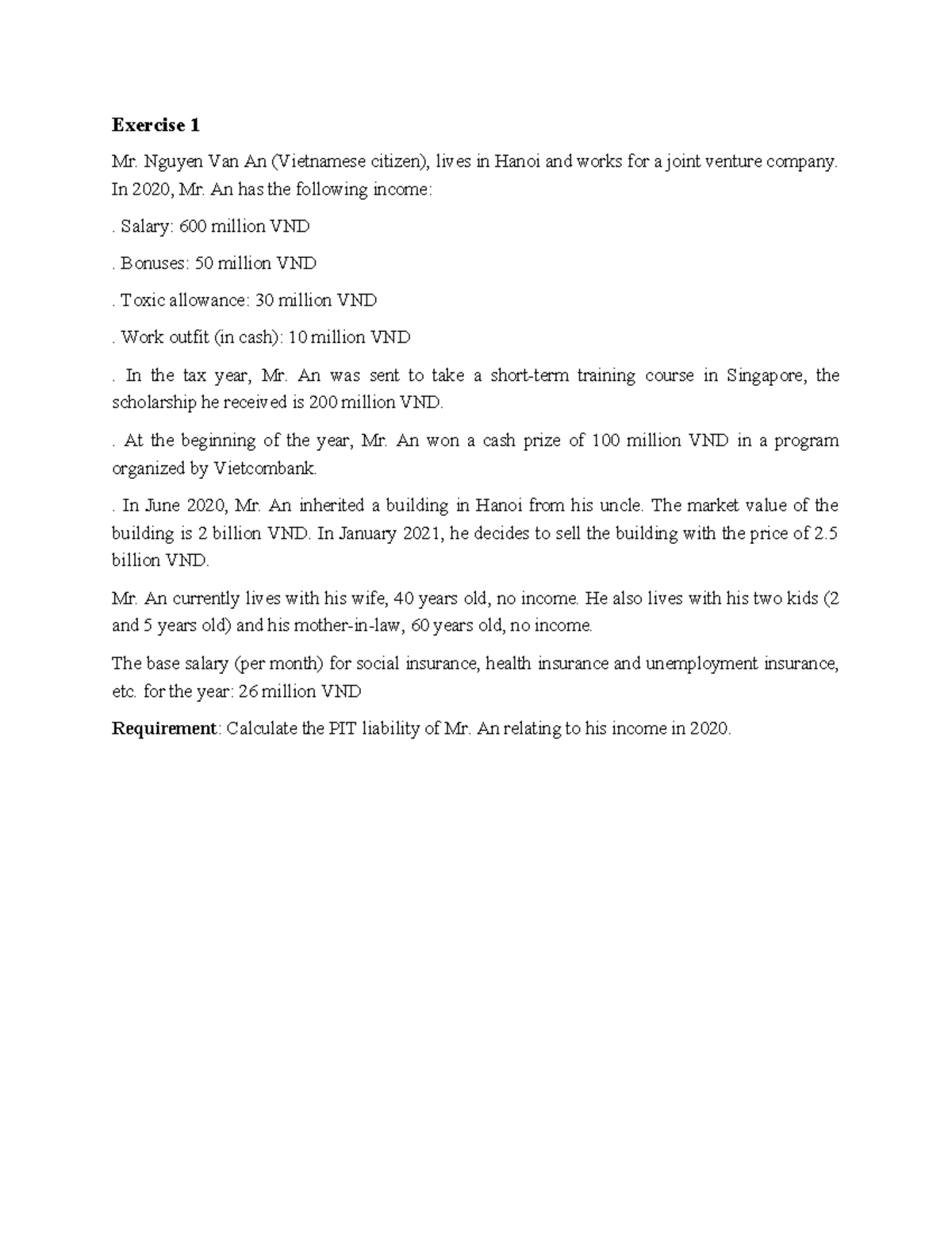PIT Exercise - Bài tập thuế cá nhân - Exercise 1 Mr. Nguyen Van An ...
