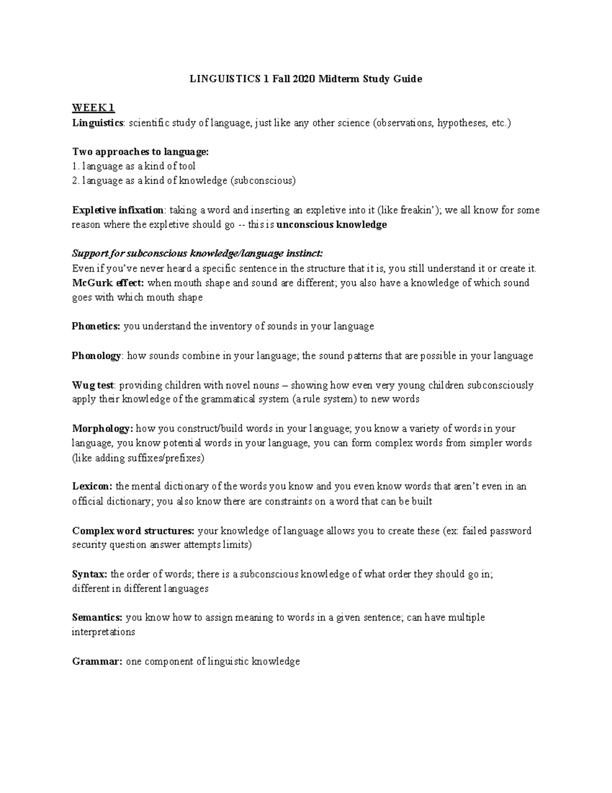 Ling 1 Midterm Study Guide - LINGUISTICS 1 Fall 2020 Midterm Study ...