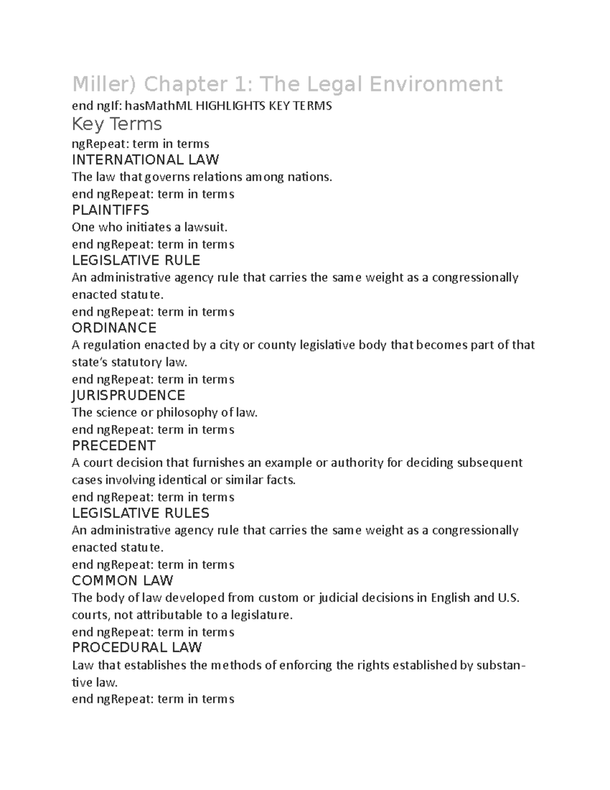 Blaw key terms Miller) Chapter 1 The Legal Environment end ngIf