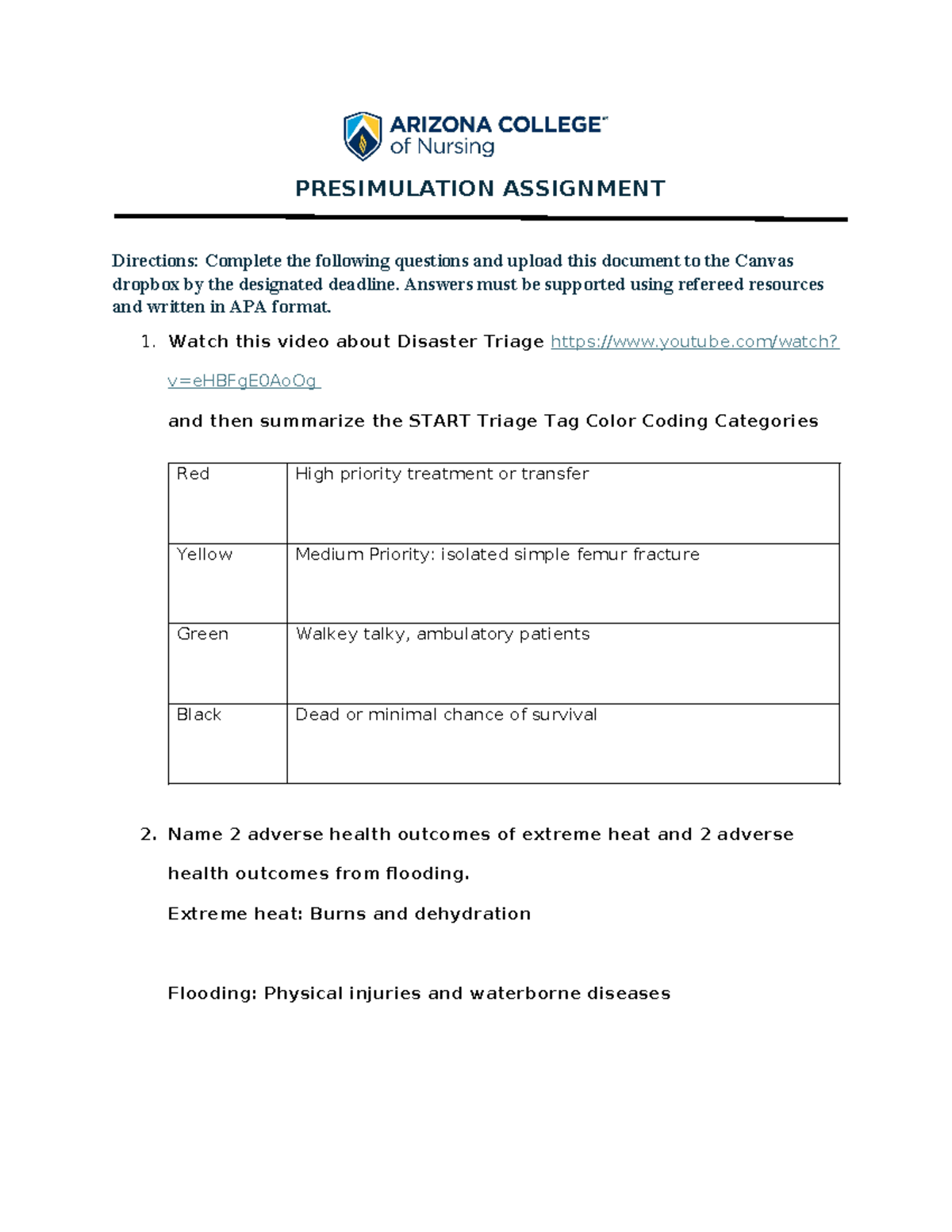 NUR 426 Disaster Pre work - PRESIMULATION ASSIGNMENT Directions ...