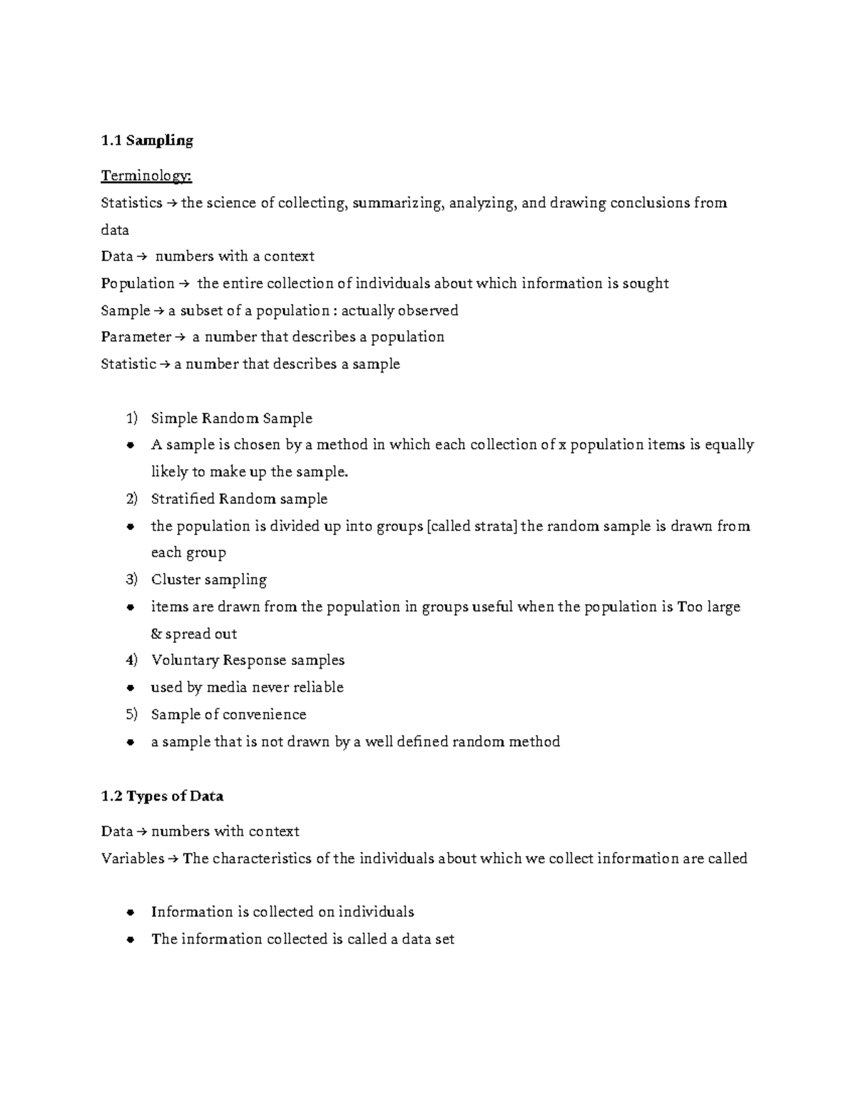 Chapters 1.1-1.4 notes - 1 Sampling Terminology: Statistics → the ...