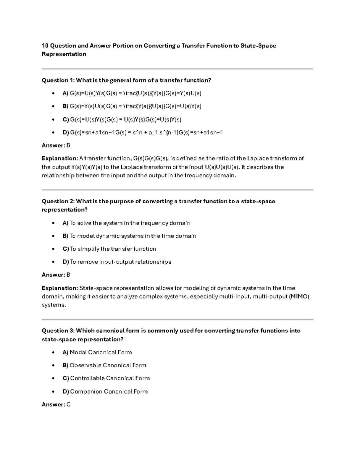 10 Question and Answer Portion on Converting a Transfer Function to ...