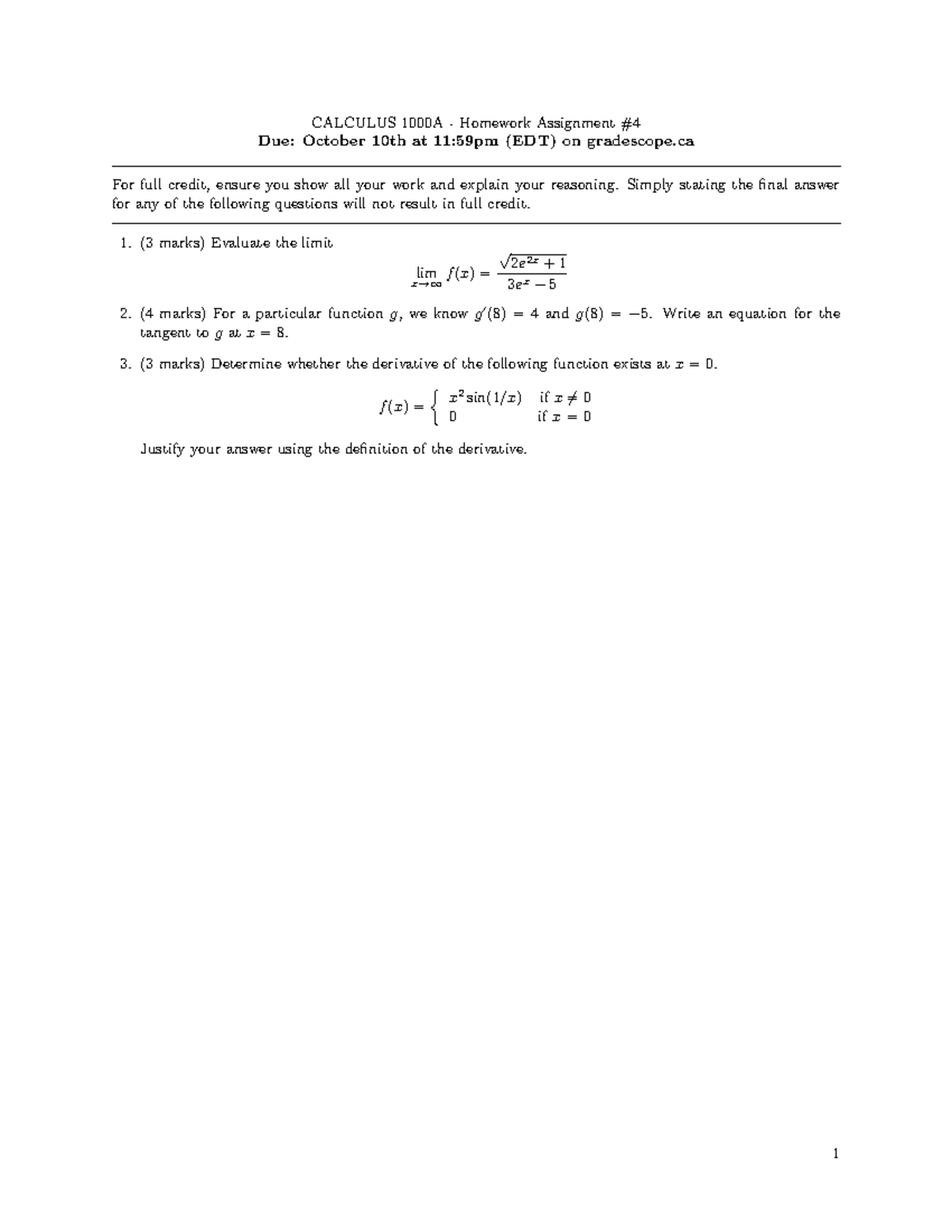 Calc 1000A Assignment #4 - CALCULUS 1000A - Homework Assignment # Due ...