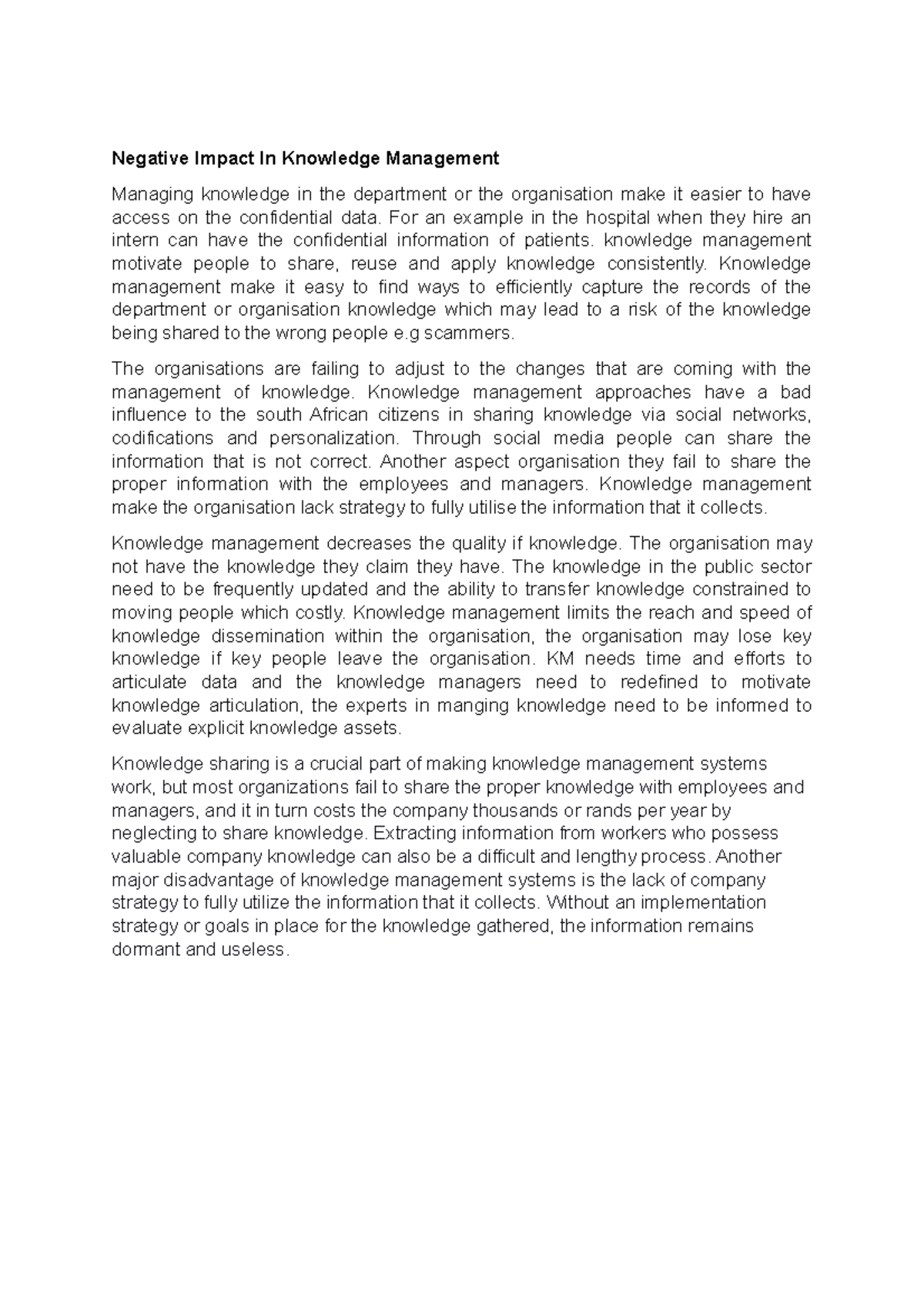 Negative impact of knowledge management - PULA100 - MUT - Studocu