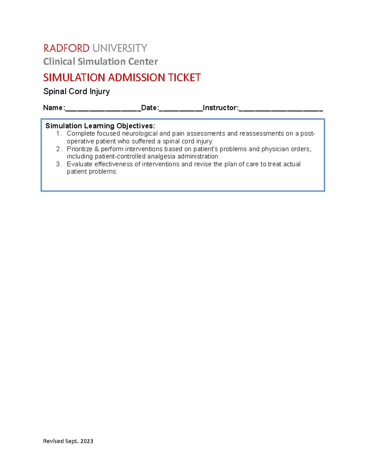 Simulation Admission Ticket Spinal Cord Injury 2023 - Clinical ...