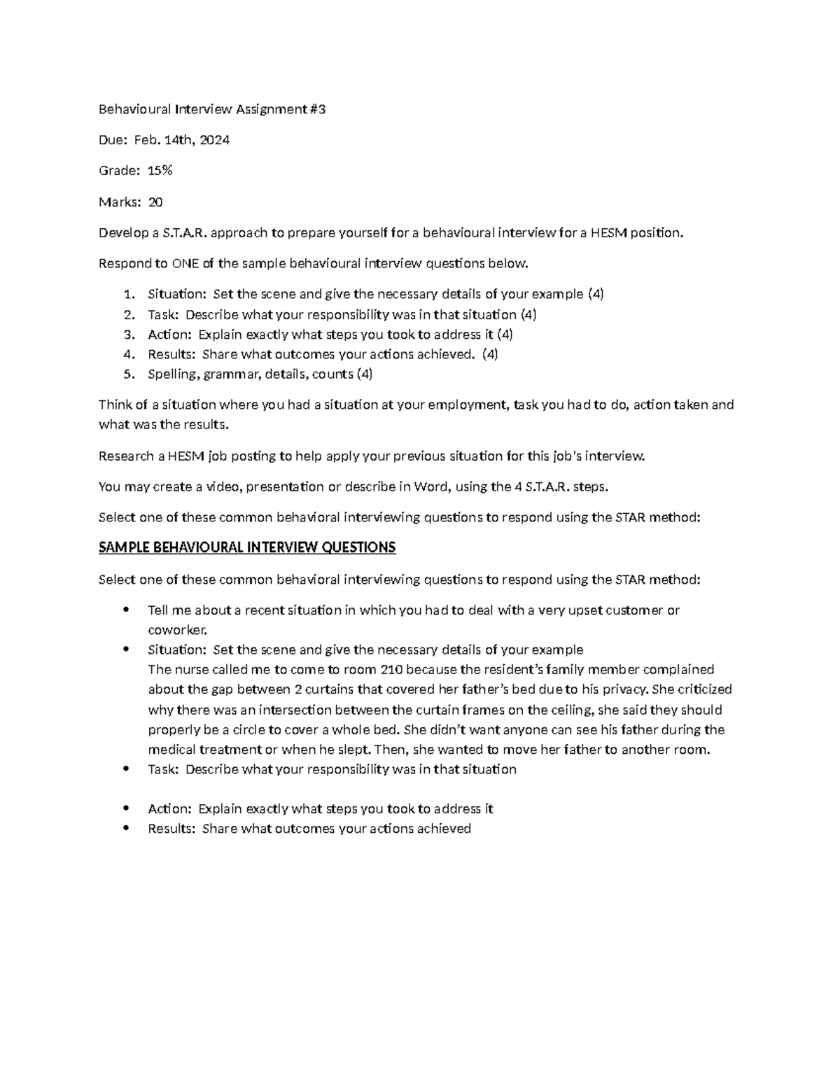 HESM 210 Behavioural Interview Assignment #3 - Behavioural Interview ...