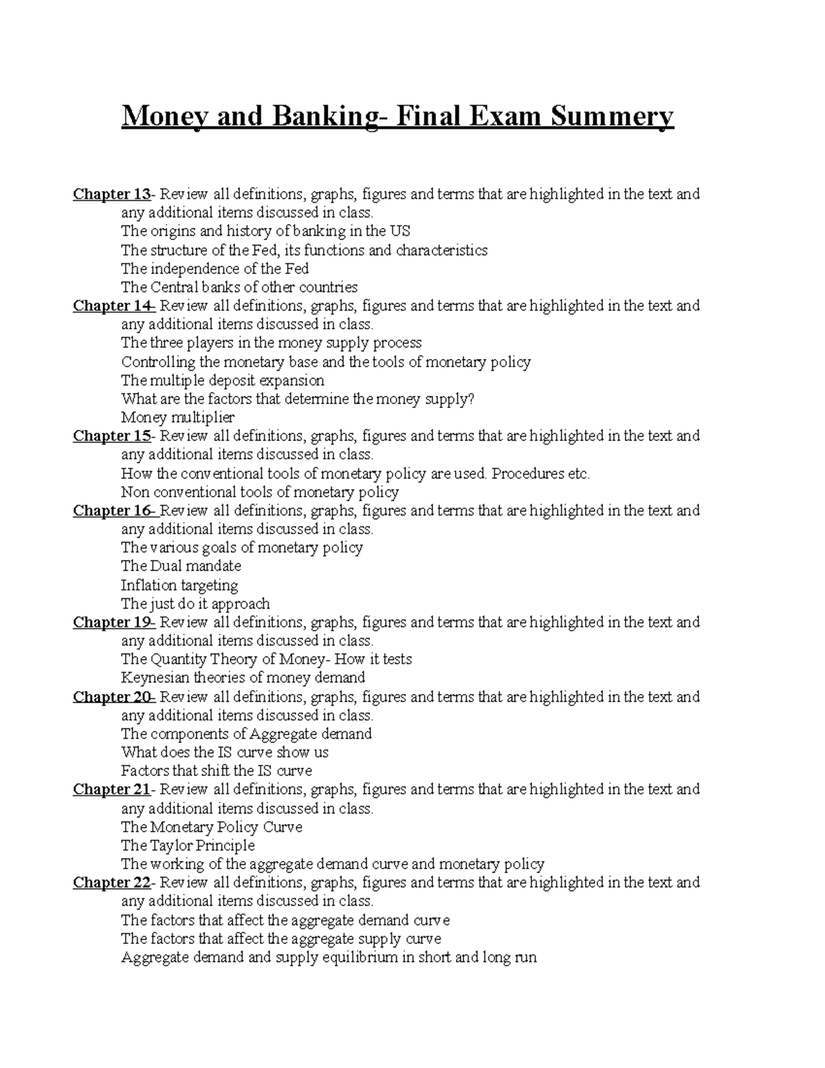 Money and Banking Final Exam Summery Sp 18 Money and Final Exam