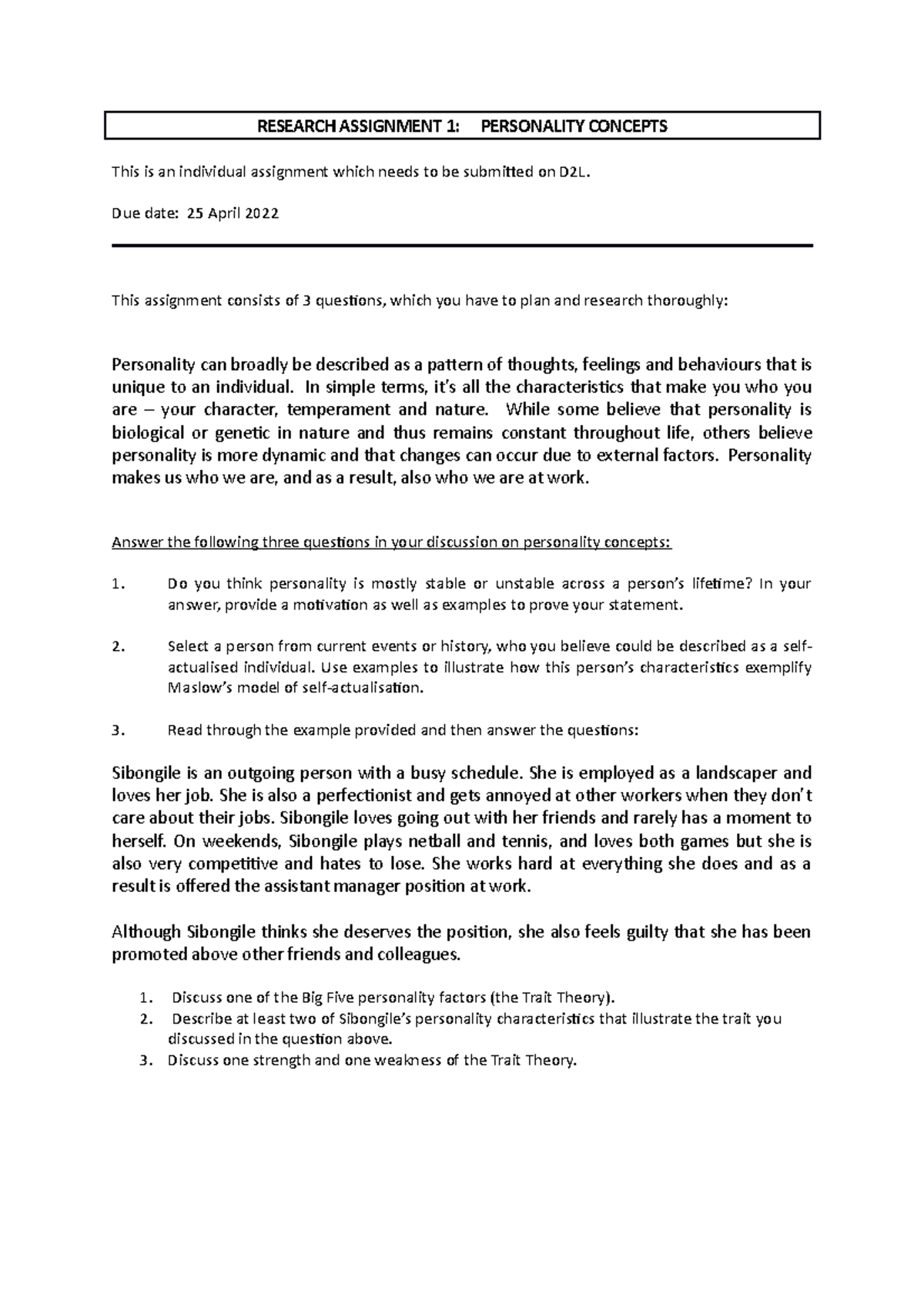 HRM105DAssignment 1 - Exam scope - RESEARCH ASSIGNMENT 1: PERSONALITY ...