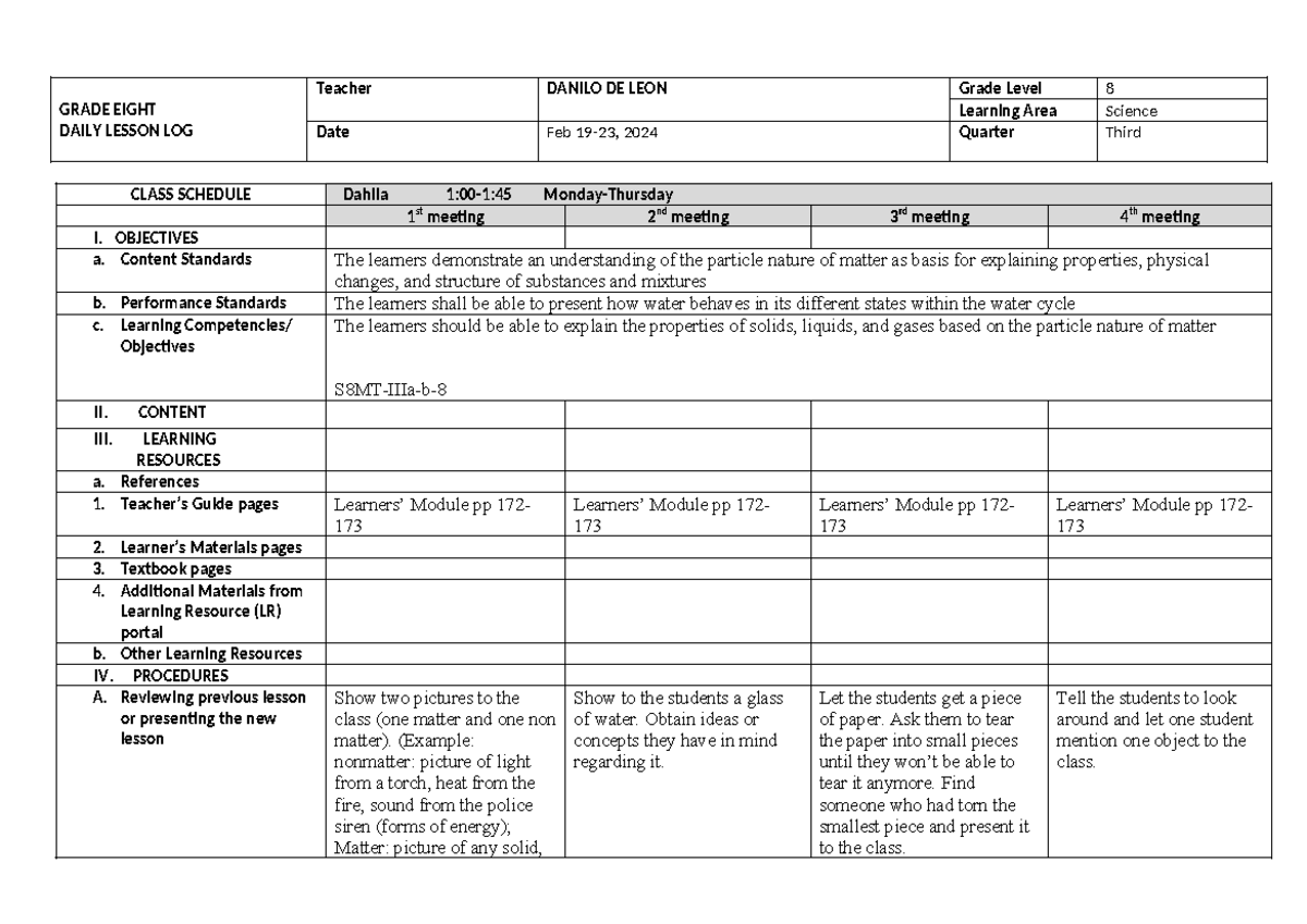 8q3w1 - dll - GRADE EIGHT DAILY LESSON LOG Teacher DANILO DE LEON Grade ...