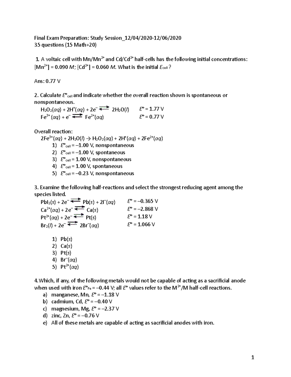 Study Session - This Contain Practice Problems. - 1 Final Exam ...