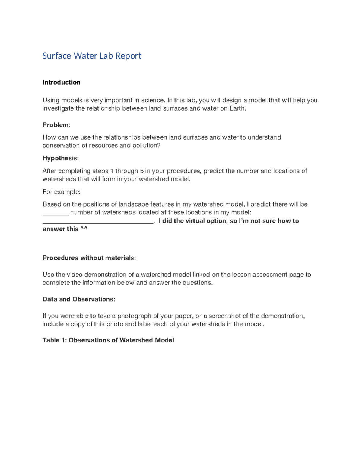 Surface Water Lab Report - Surface Water Lab Report Introduction Using ...