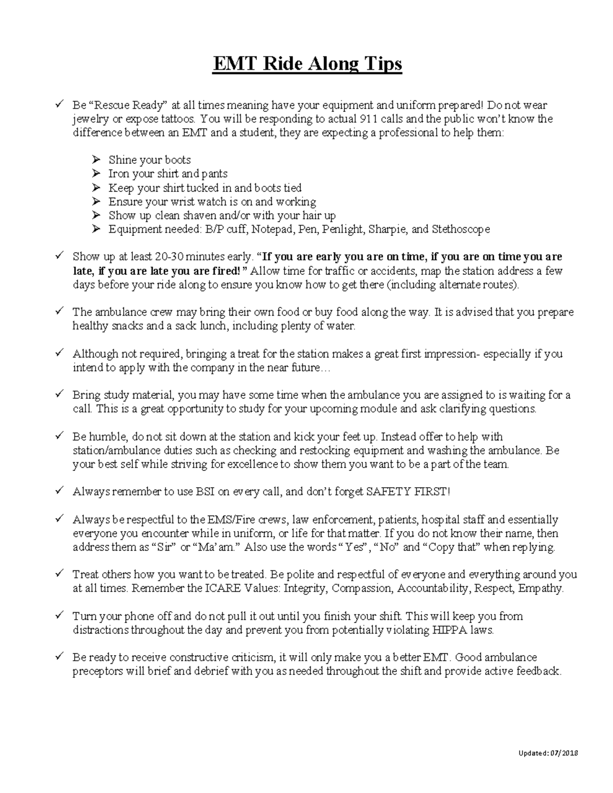 EMT Ride Along Tips Updated 07/ EMT Ride Along Tips ü Be “Rescue