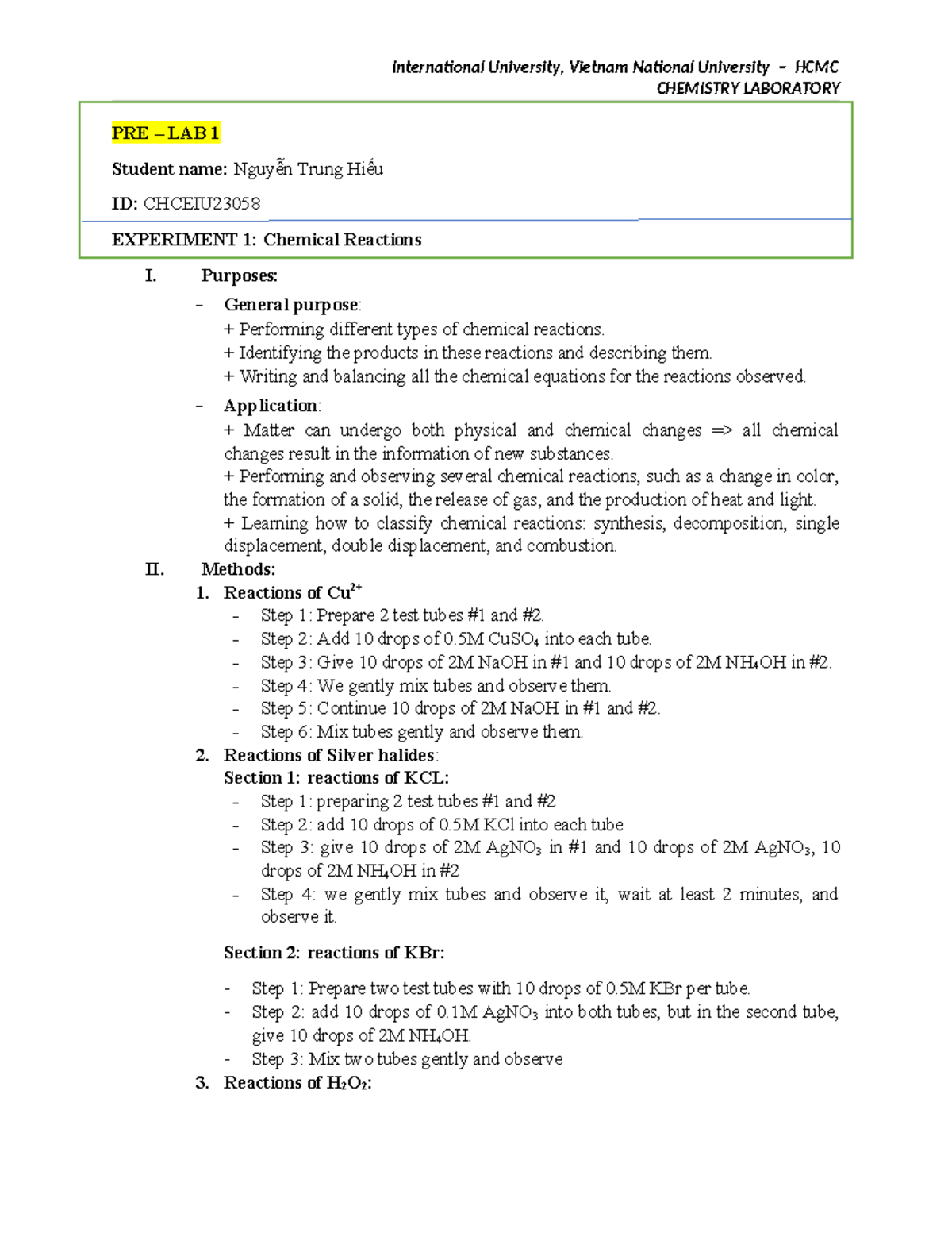 PRE-LAB-3 - preparation - CHEMISTRY LABORATORY PRE – LAB 1 Student name ...