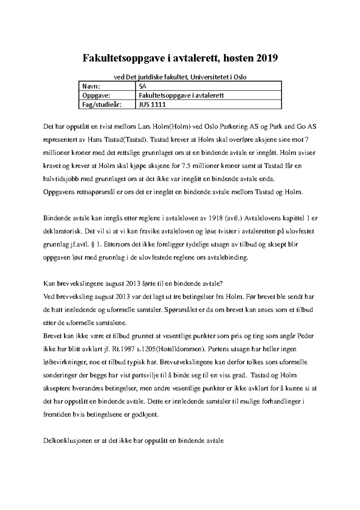 Fakultetsoppgave_Avtalerett - Fakultetsoppgave I Avtalerett, Høsten ...