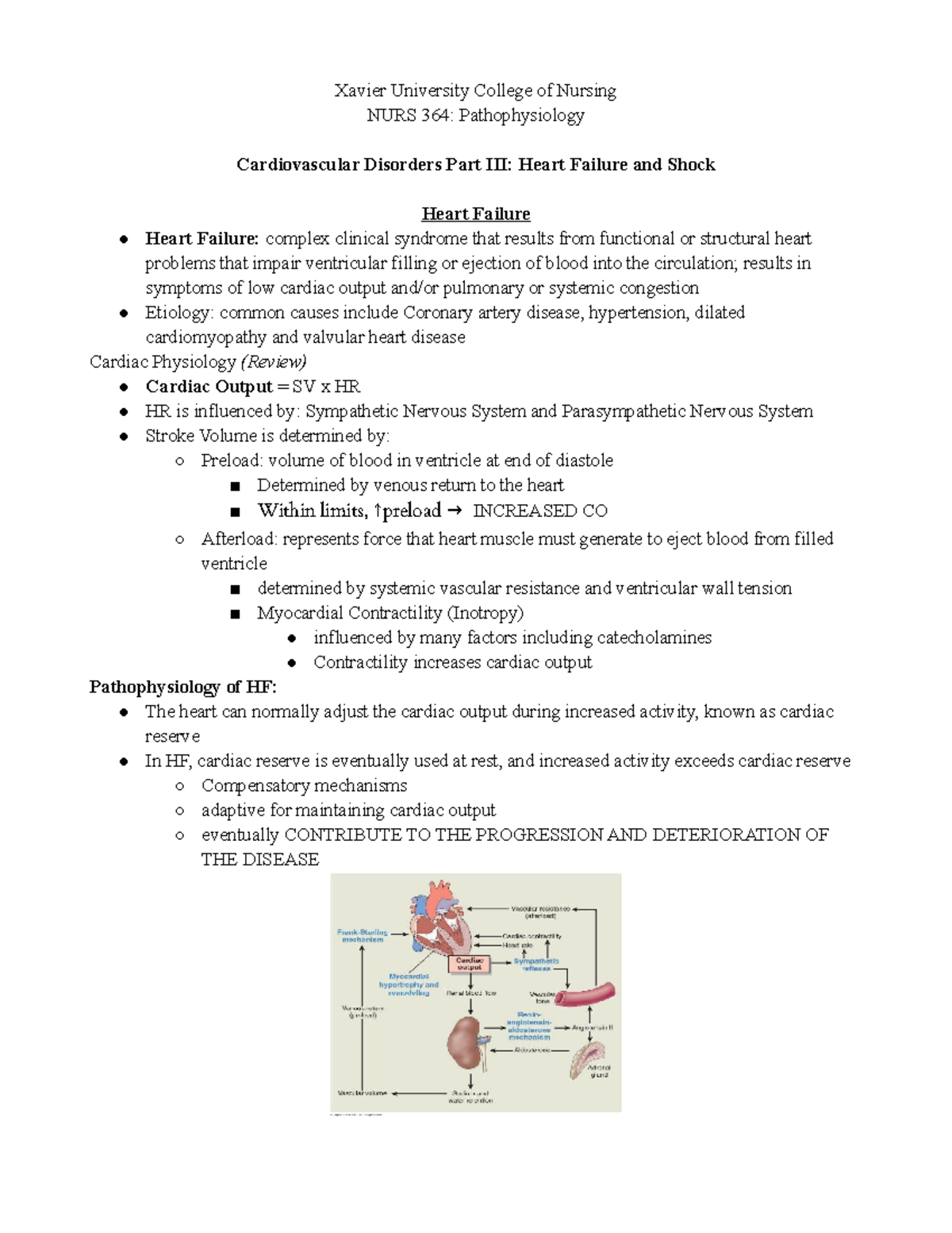 Cardiovascular Disorders III HF Shock class notes - Xavier University ...