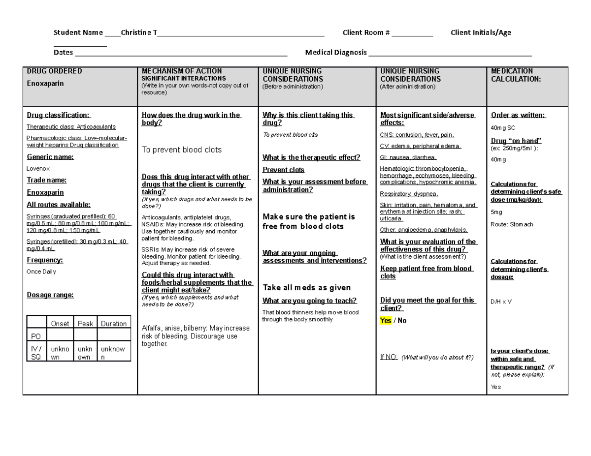 Medication Card Enoxaparin - Student Name Christine T