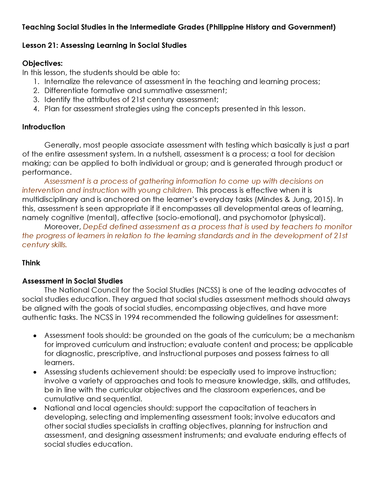 Lesson 21 Assessing Learning in Social Studies Teaching Social