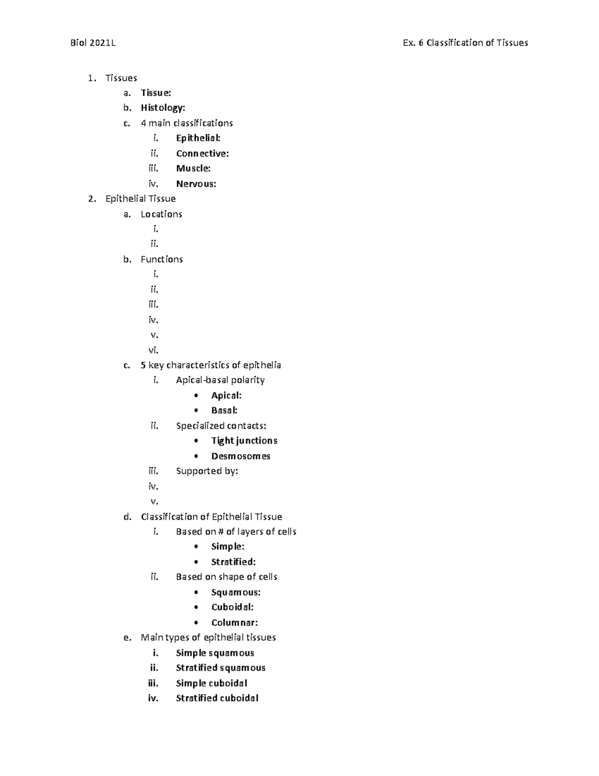 Online lecture outline Ex 6 Tissues - Biol 2021L Ex. 6 Classification ...