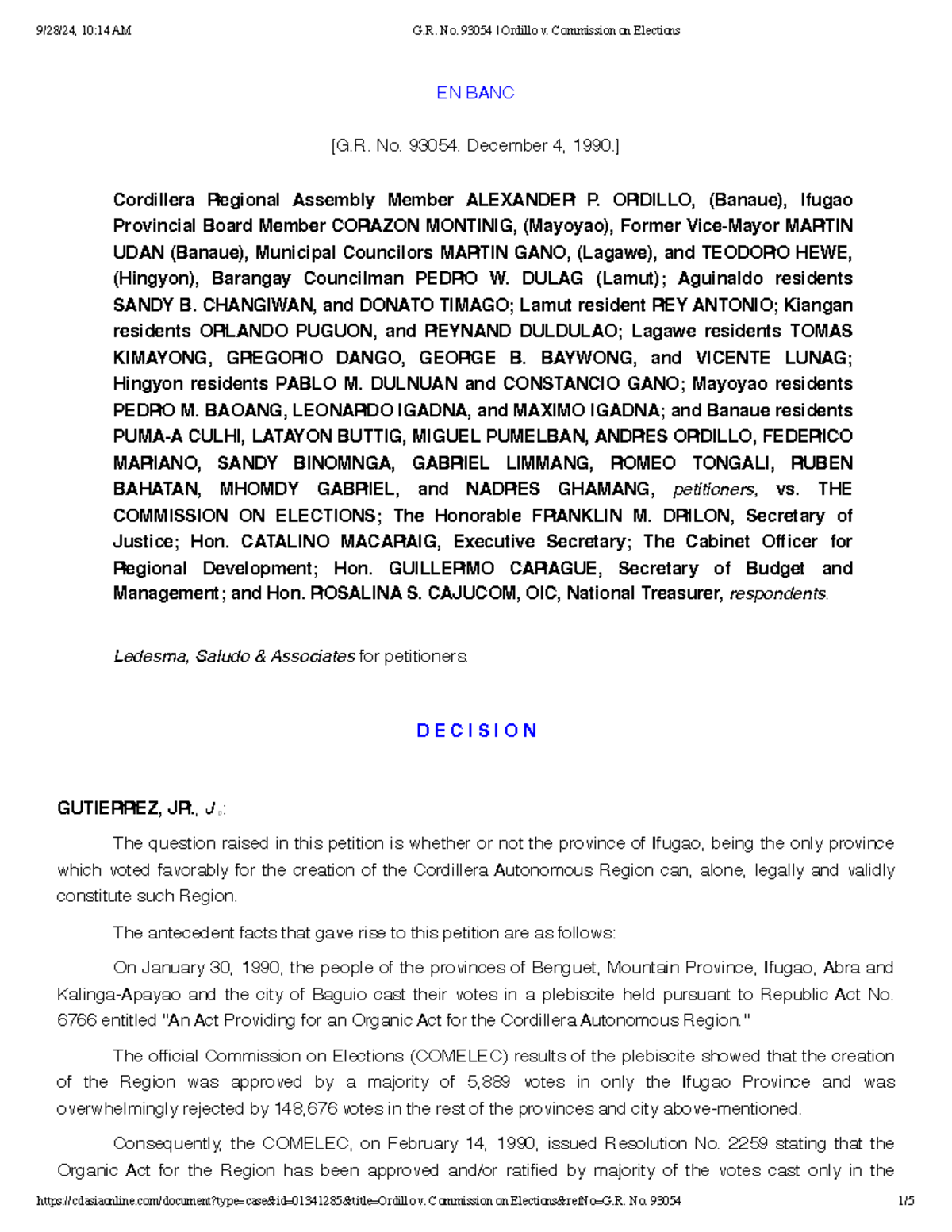 Ordillo v. Commission on Elections G.R. No. 93054 - EN BANC [G. No ...