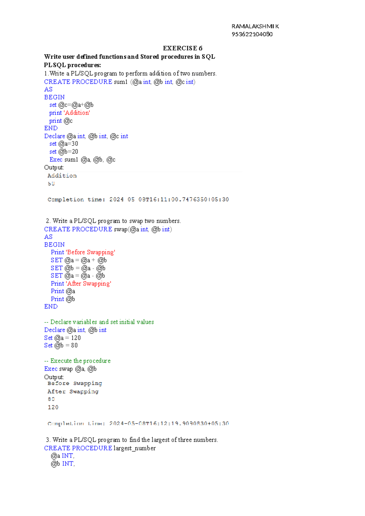 Exercise 6 - nothing - 953622104080 EXERCISE 6 Write user defined ...