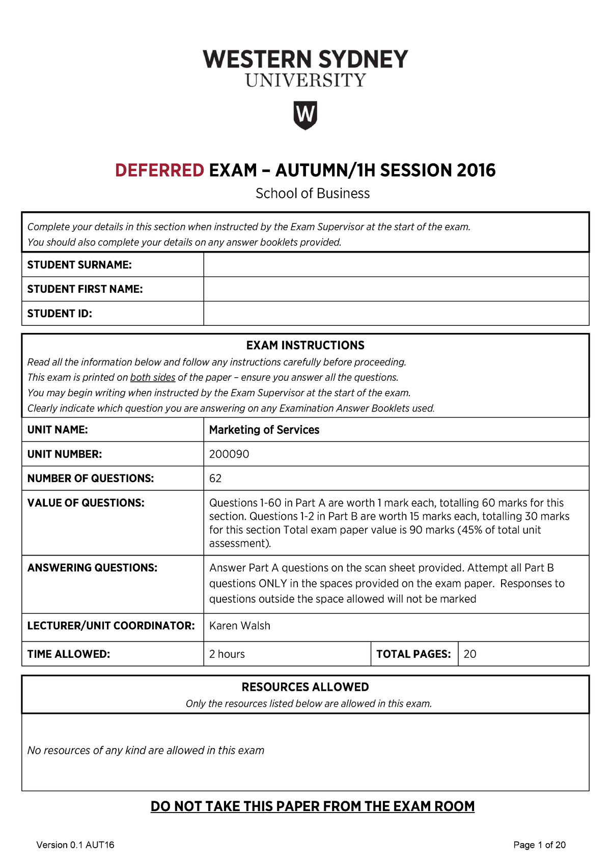 Exam 2016 Questions Deferred Exam Session 2016 School Of Business Complete Your Details In 2018