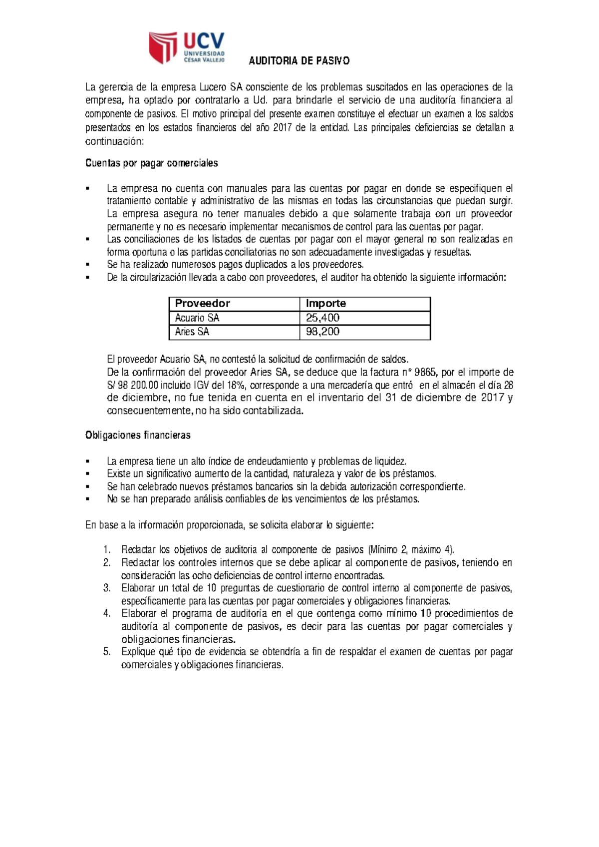 Caso Pr Ctico Pasivos Auditoria De Pasivo La Gerencia De La Empresa