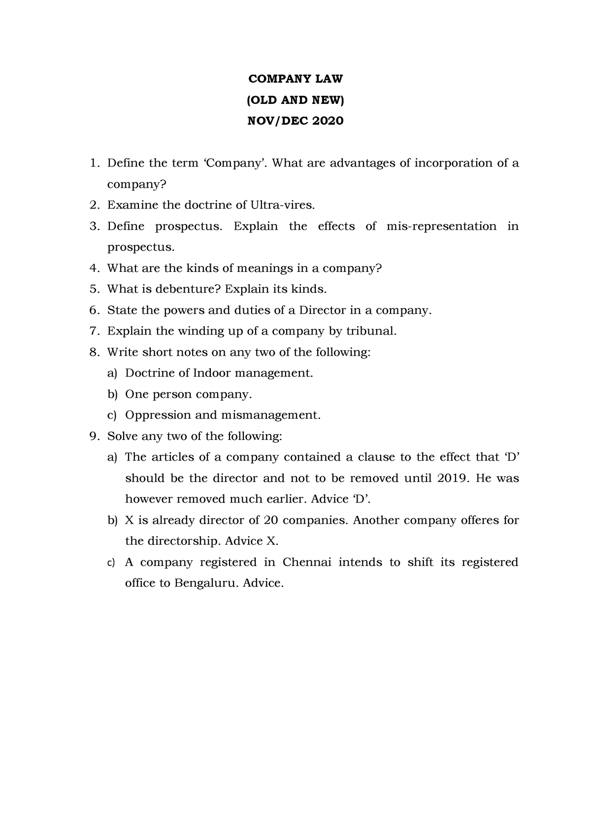 Company Law Question Paper - COMPANY LAW (OLD AND NEW) NOV/DEC 2020 ...