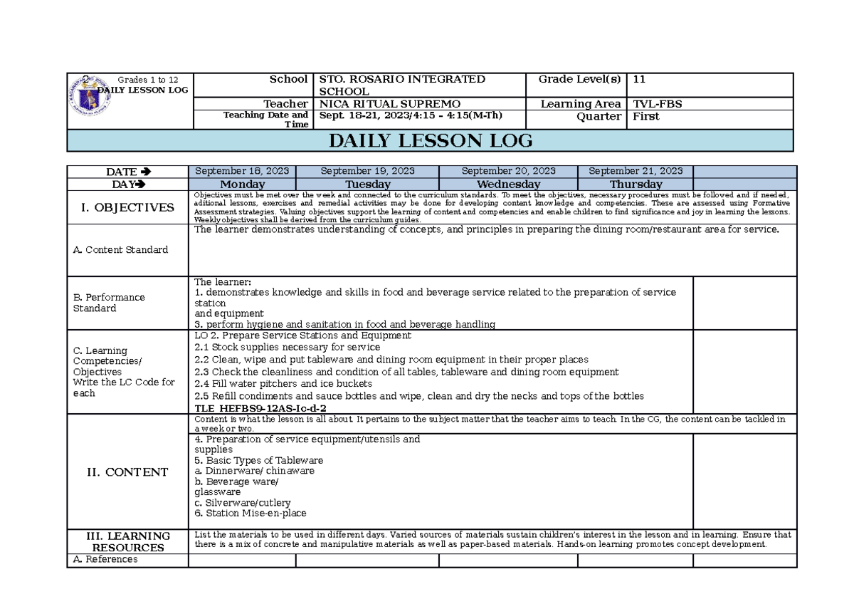 Dll fbs WEEK2 - DLL - 2 Grades 1 to 12 DAILY LESSON LOG School STO ...