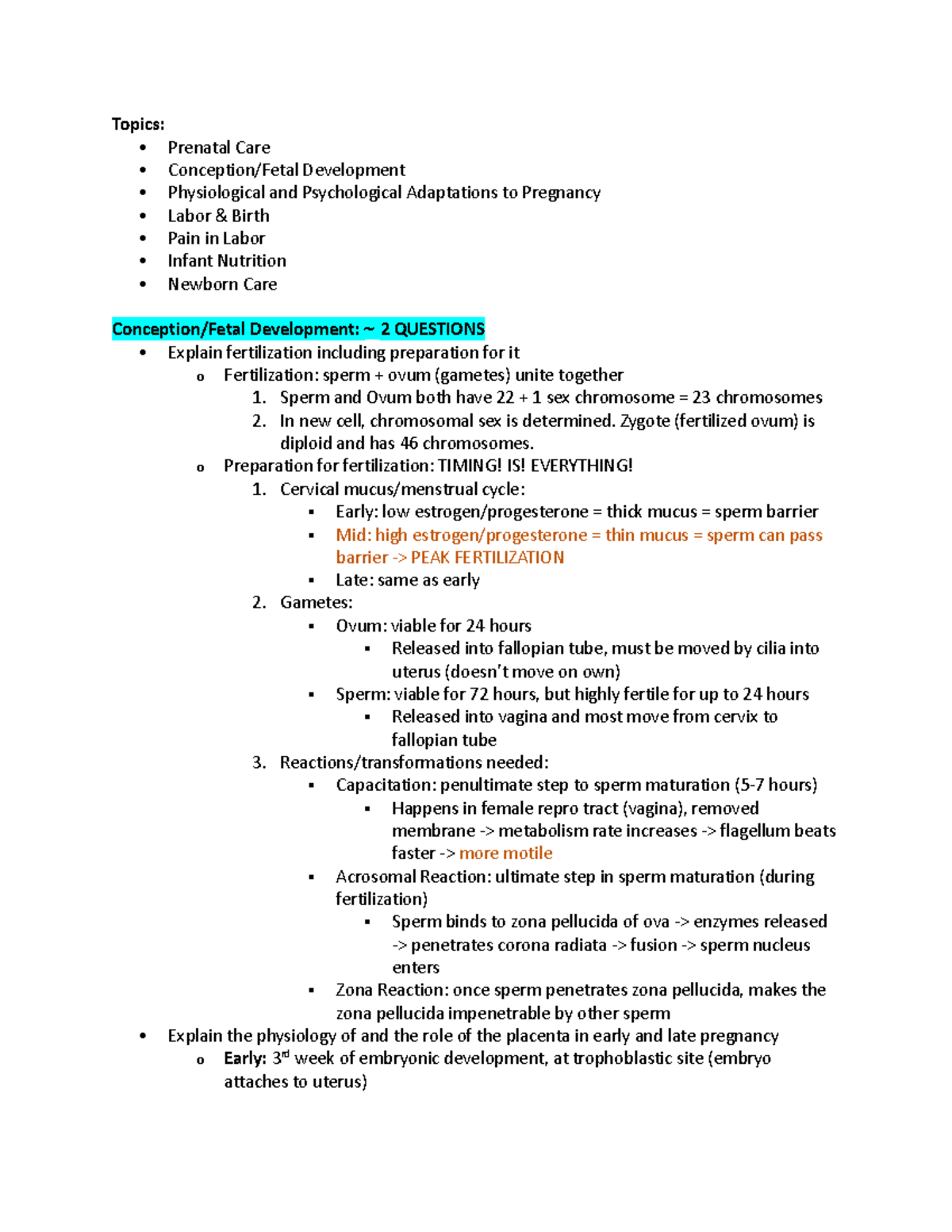 504 Exam 1 Studyguide - for Exam 1 - Topics: Prenatal Care Conception ...