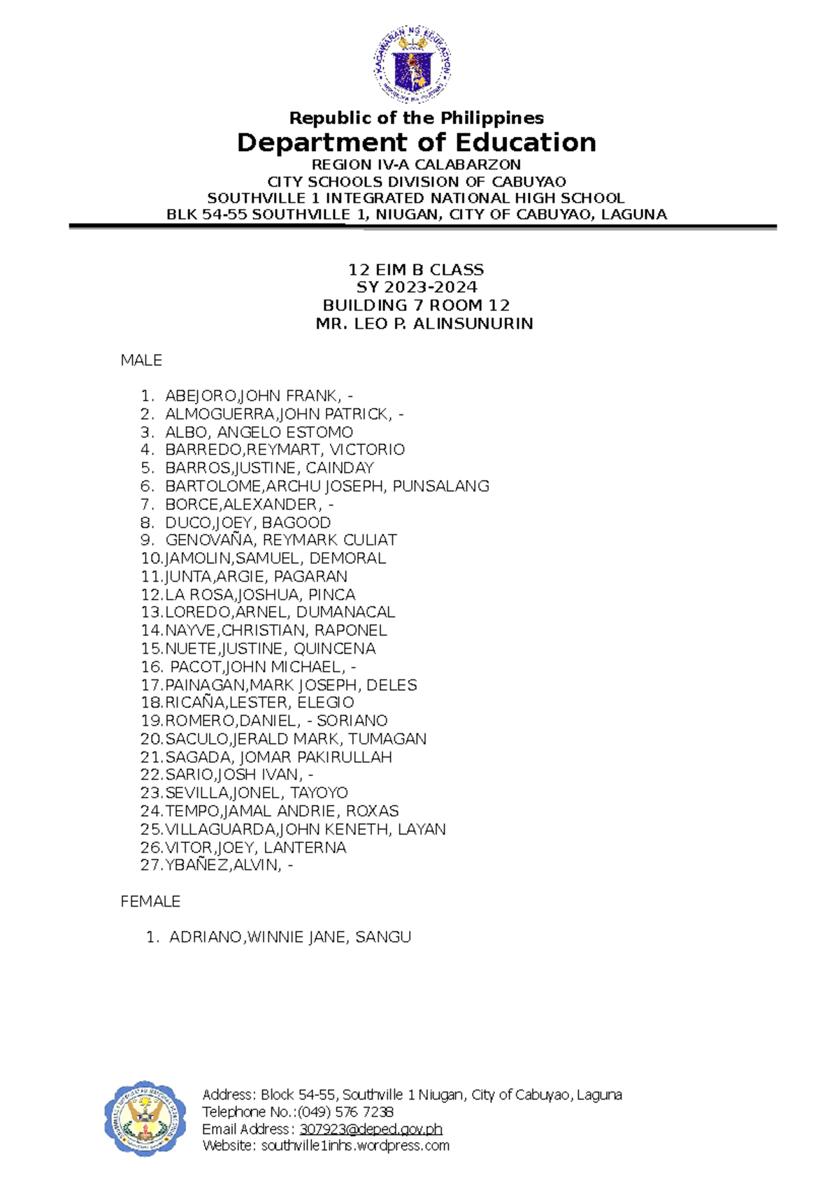 Updated-12-EIM-B- Class-LIST-SY-2023-2024 - Republic Of The Philippines ...