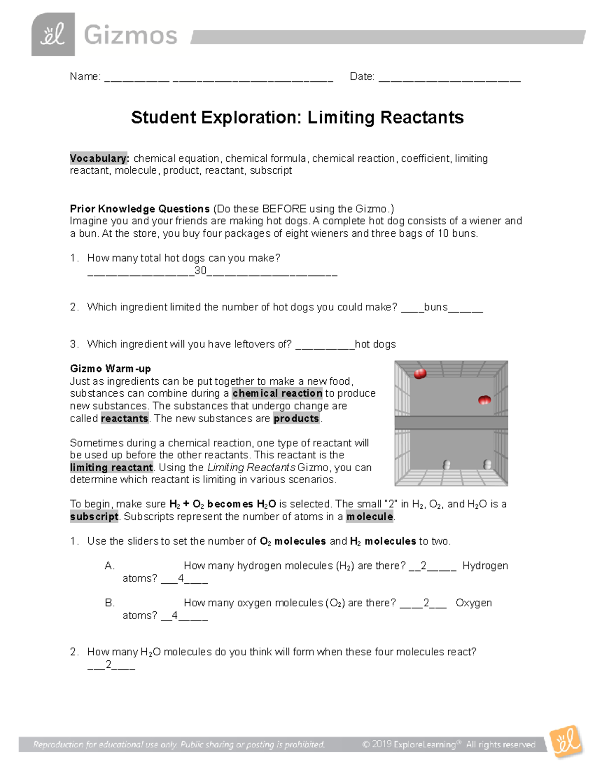 Limiting Reactants SE Student Exploration Name Date 