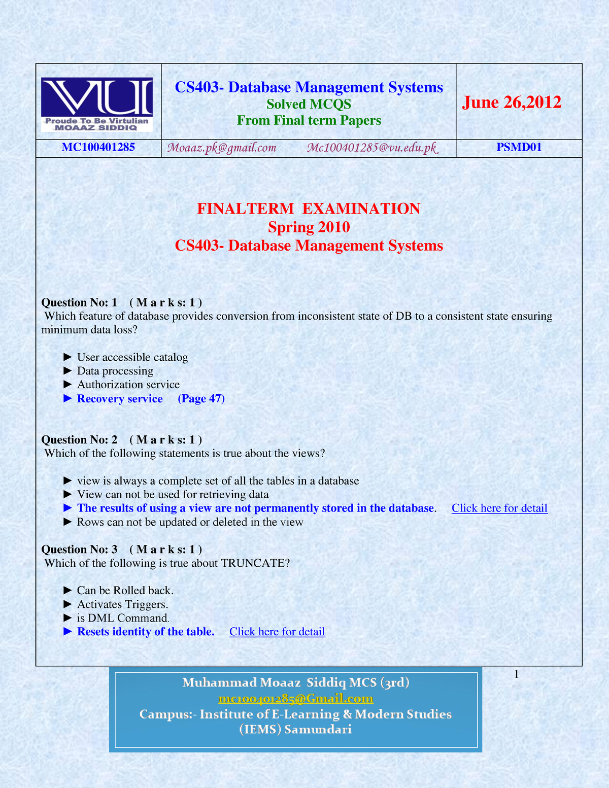 Cs403 Final Term Mcqs Solved With References By Moaaz - CS403- Database ...