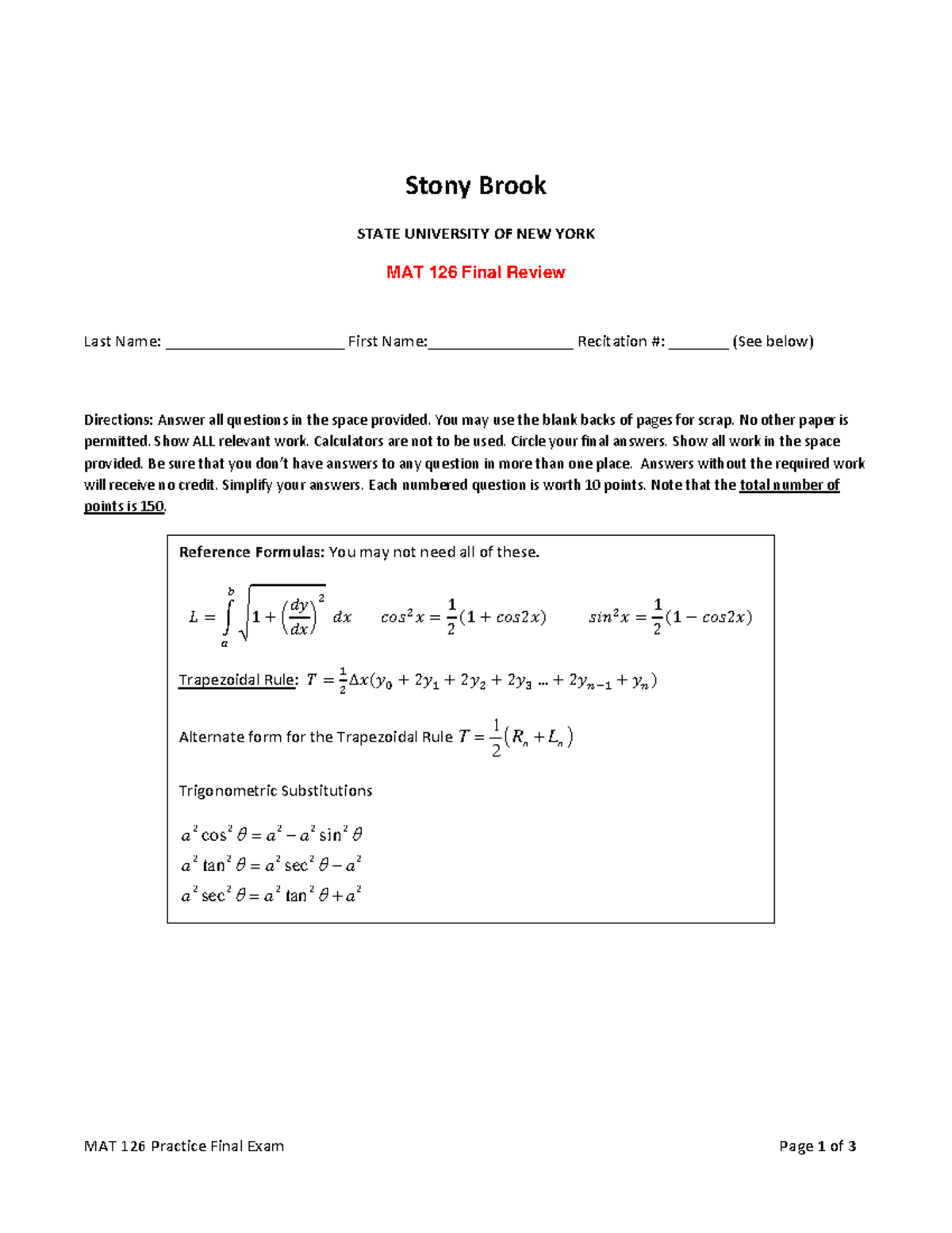 MAT 126 Final Review - MAT 126 Practice Final Exam Page 1 Of 3 Stony ...